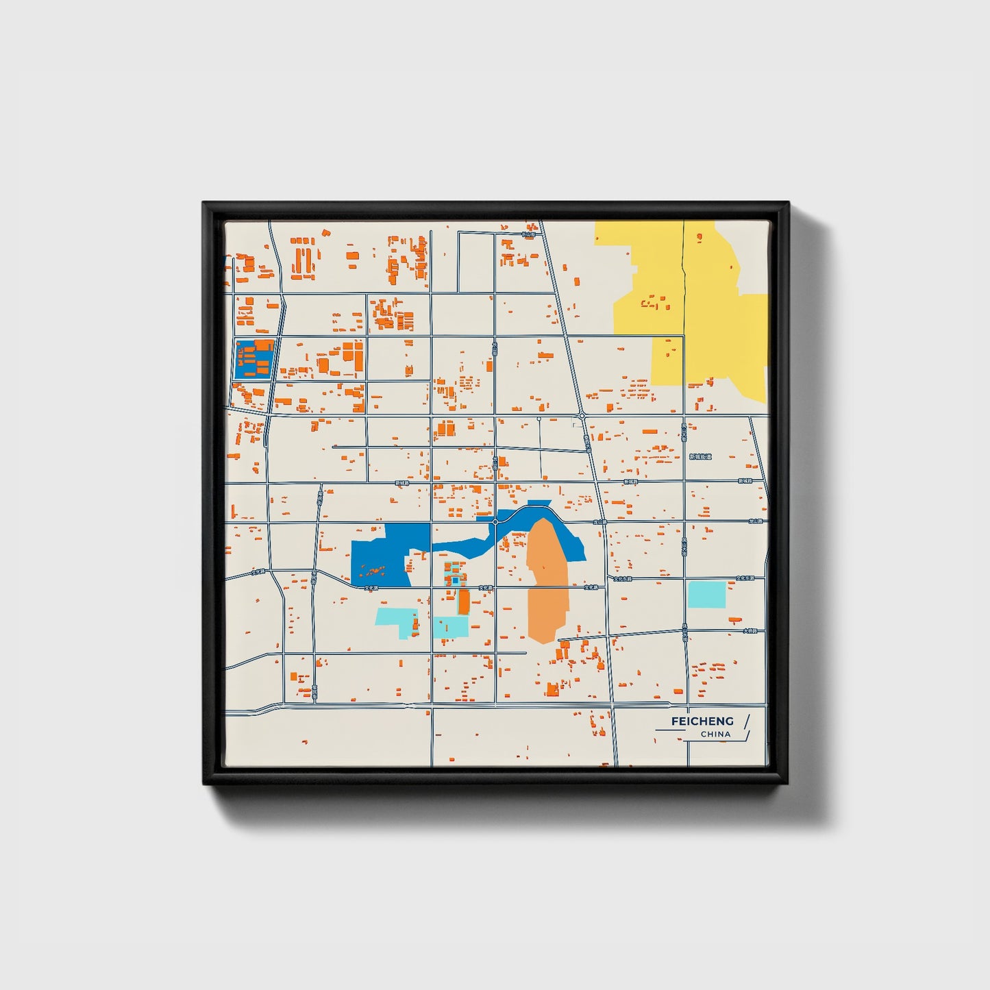 Feicheng China Colorful City Map Canvas Print • Black Framed