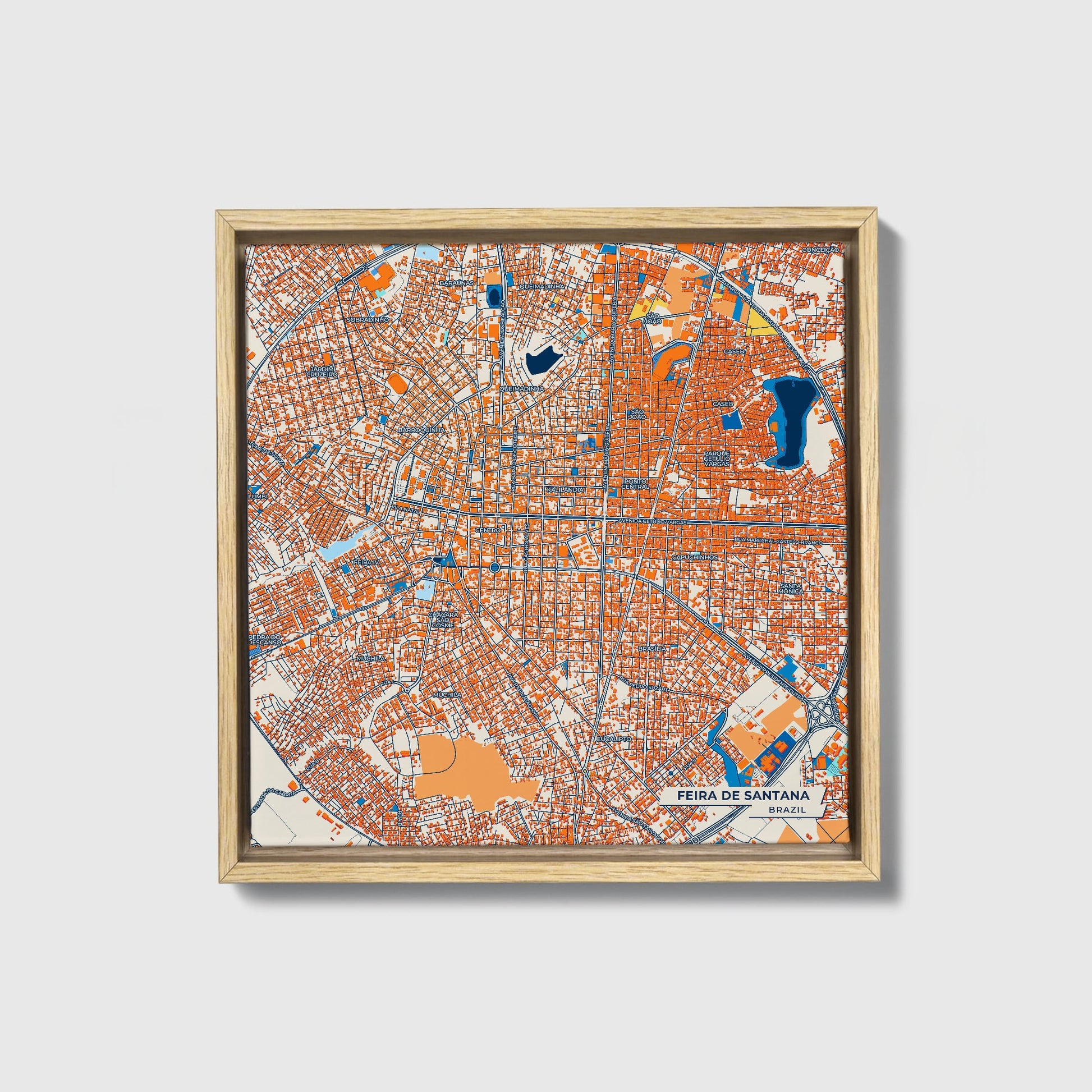 Feira De Santana Brazil Colorful City Map Canvas Print • Natural Wooden Framed