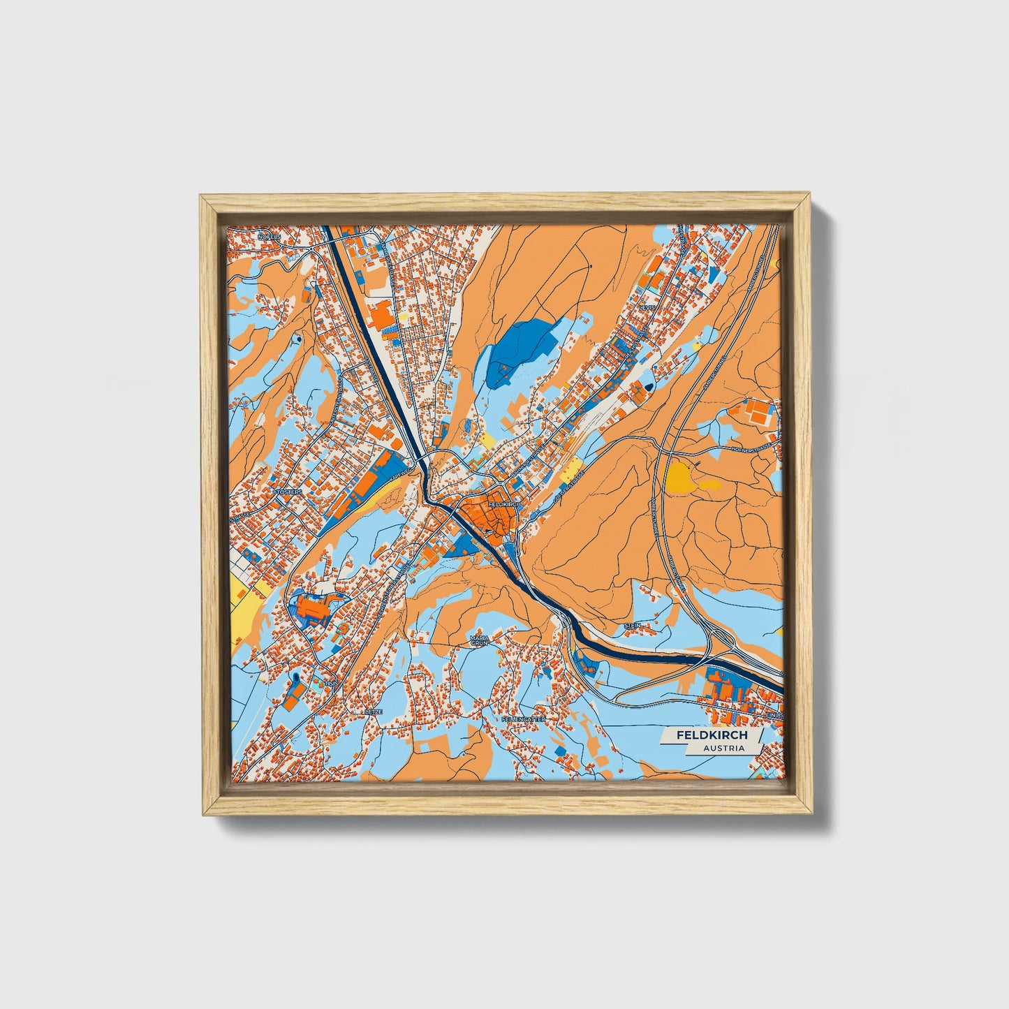Feldkirch Austria Colorful City Map Canvas Print • Natural Wooden Framed