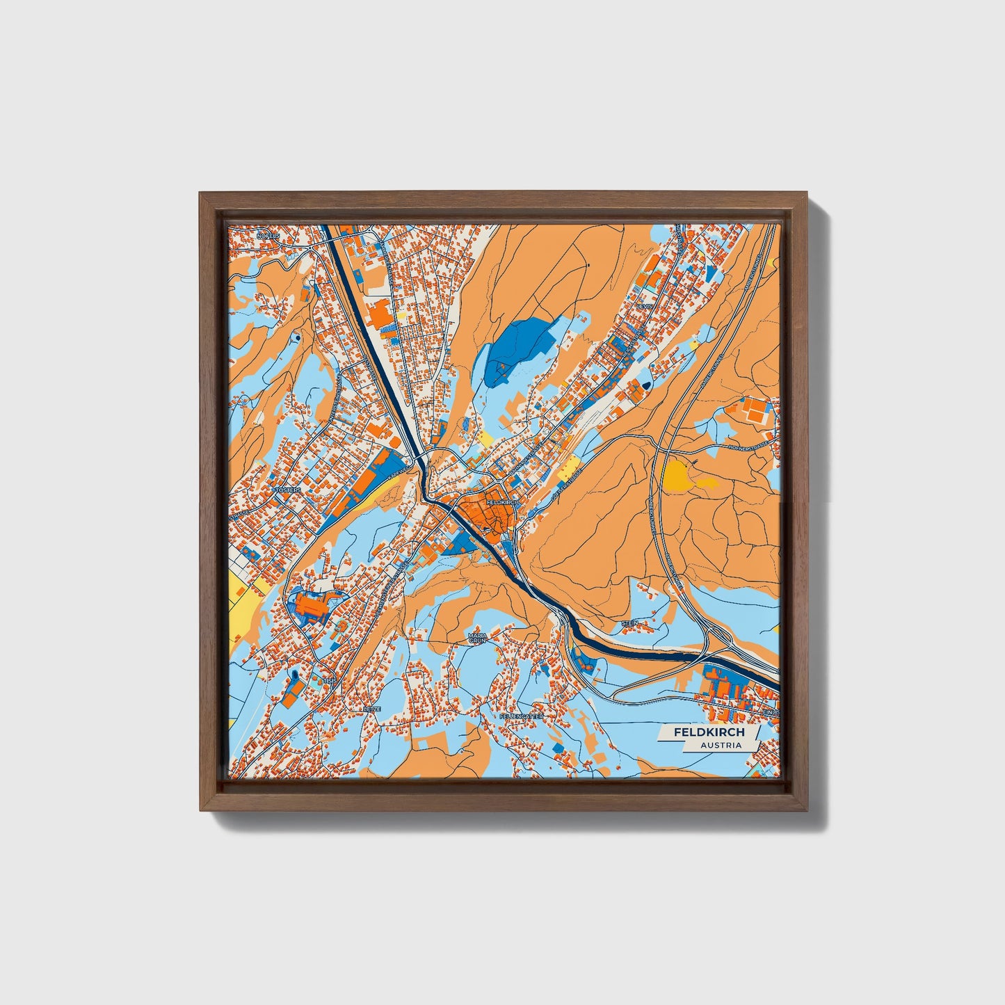 Feldkirch Austria Colorful City Map Canvas Print • Dark Wooden Framed