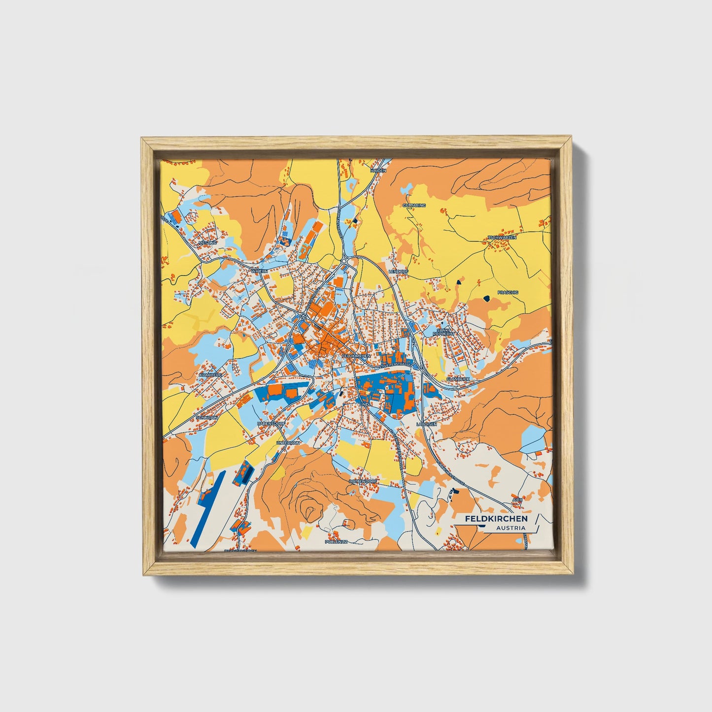 Feldkirchen Austria Colorful City Map Canvas Print • Natural Wooden Framed