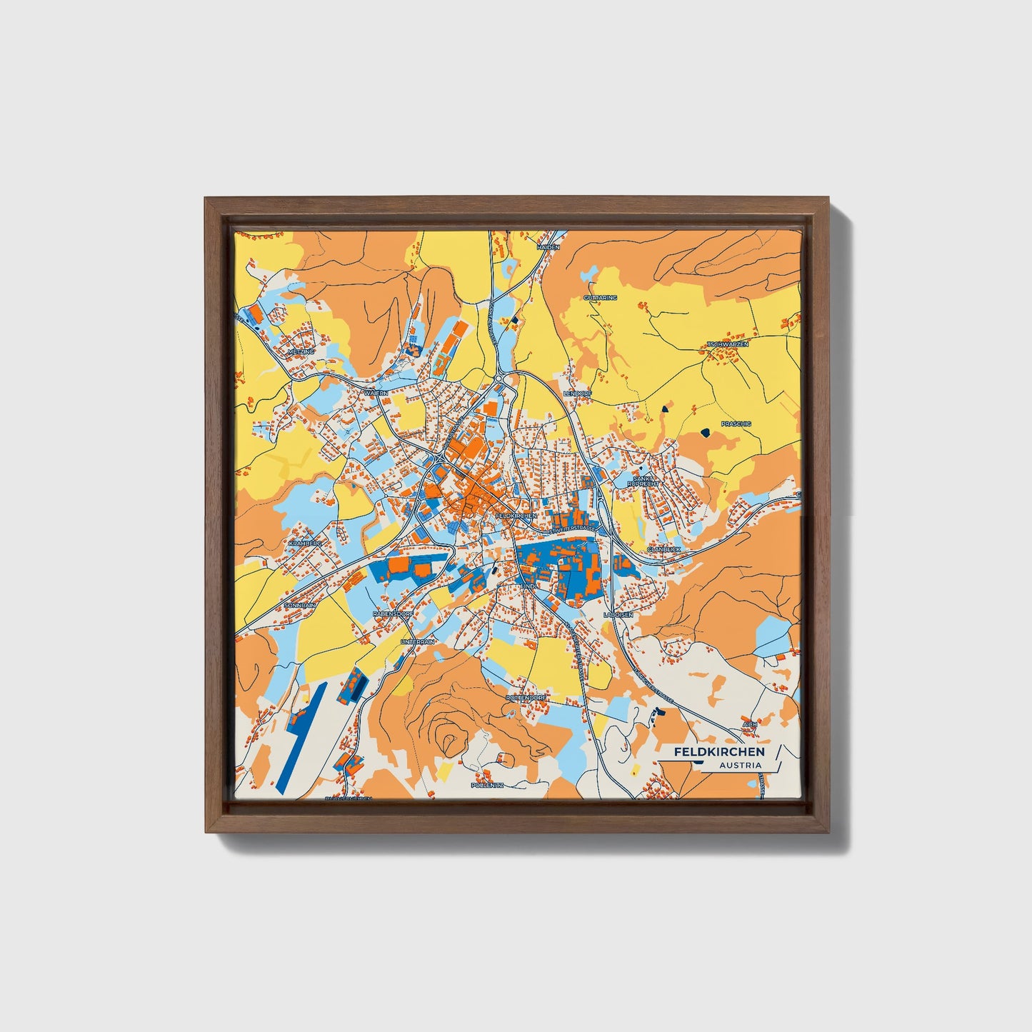 Feldkirchen Austria Colorful City Map Canvas Print • Dark Wooden Framed