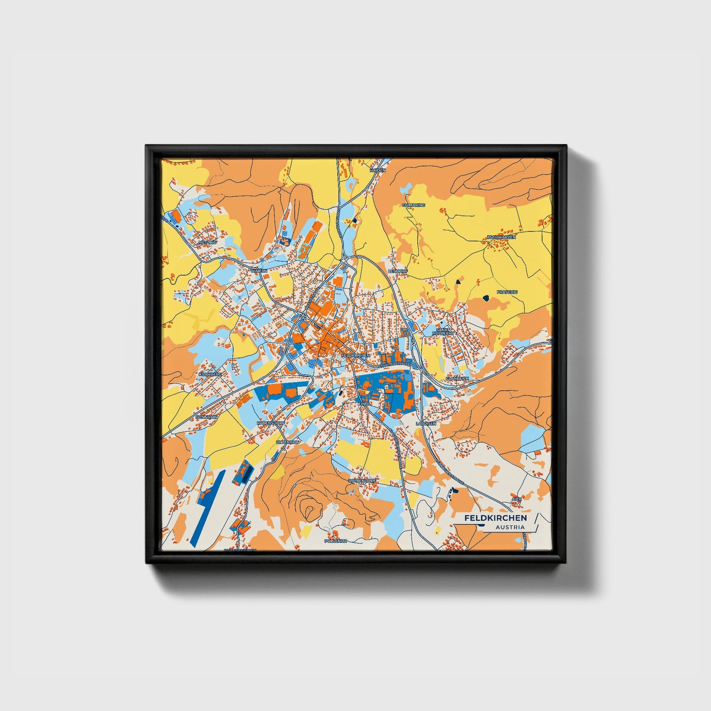 Feldkirchen Austria Colorful City Map Canvas Print • Black Framed