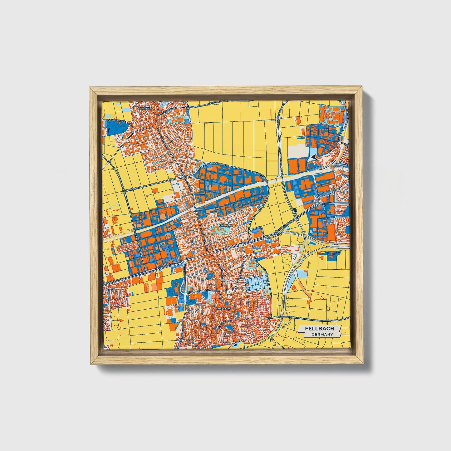 Fellbach Germany Colorful City Map Canvas Print • Natural Wooden Framed