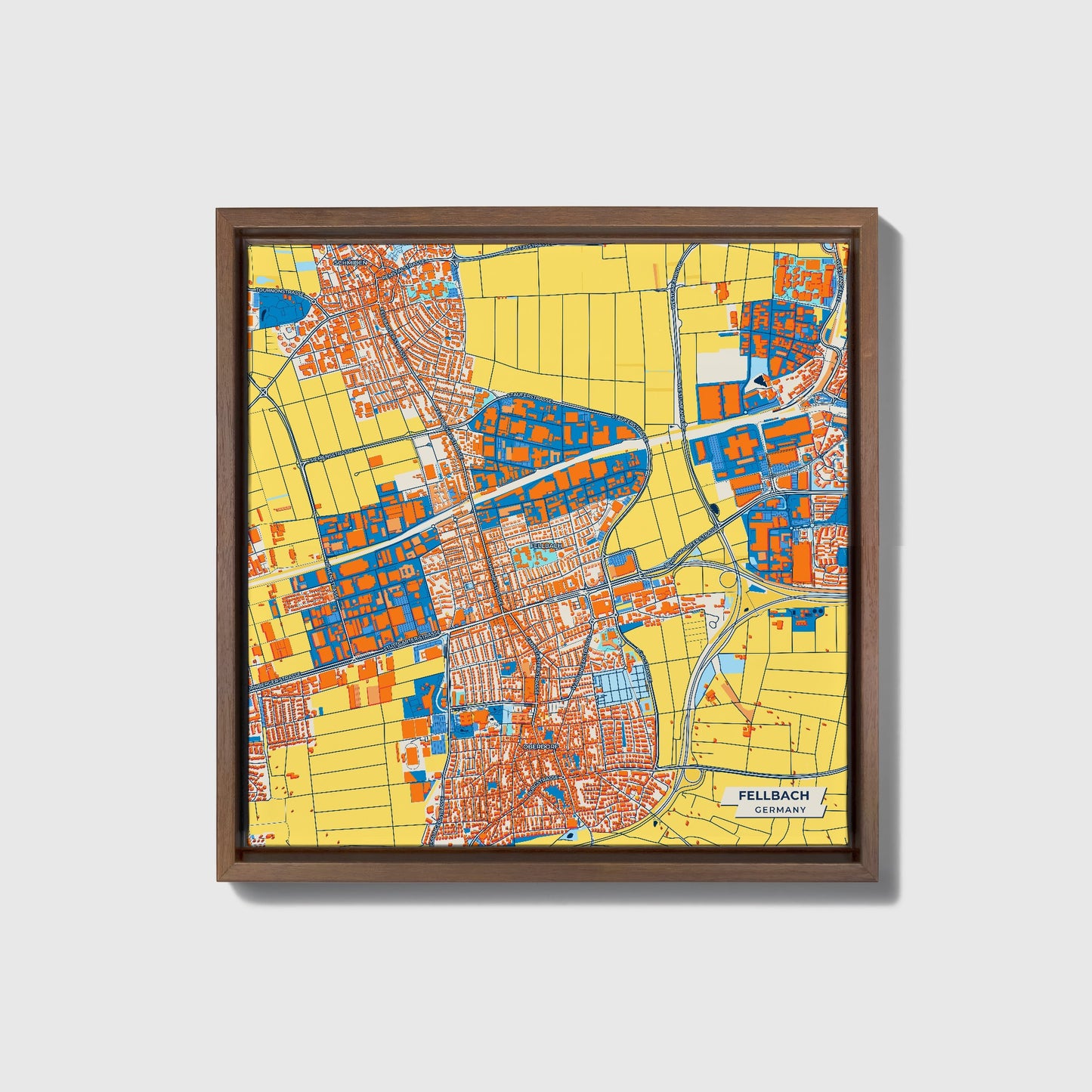 Fellbach Germany Colorful City Map Canvas Print • Dark Wooden Framed