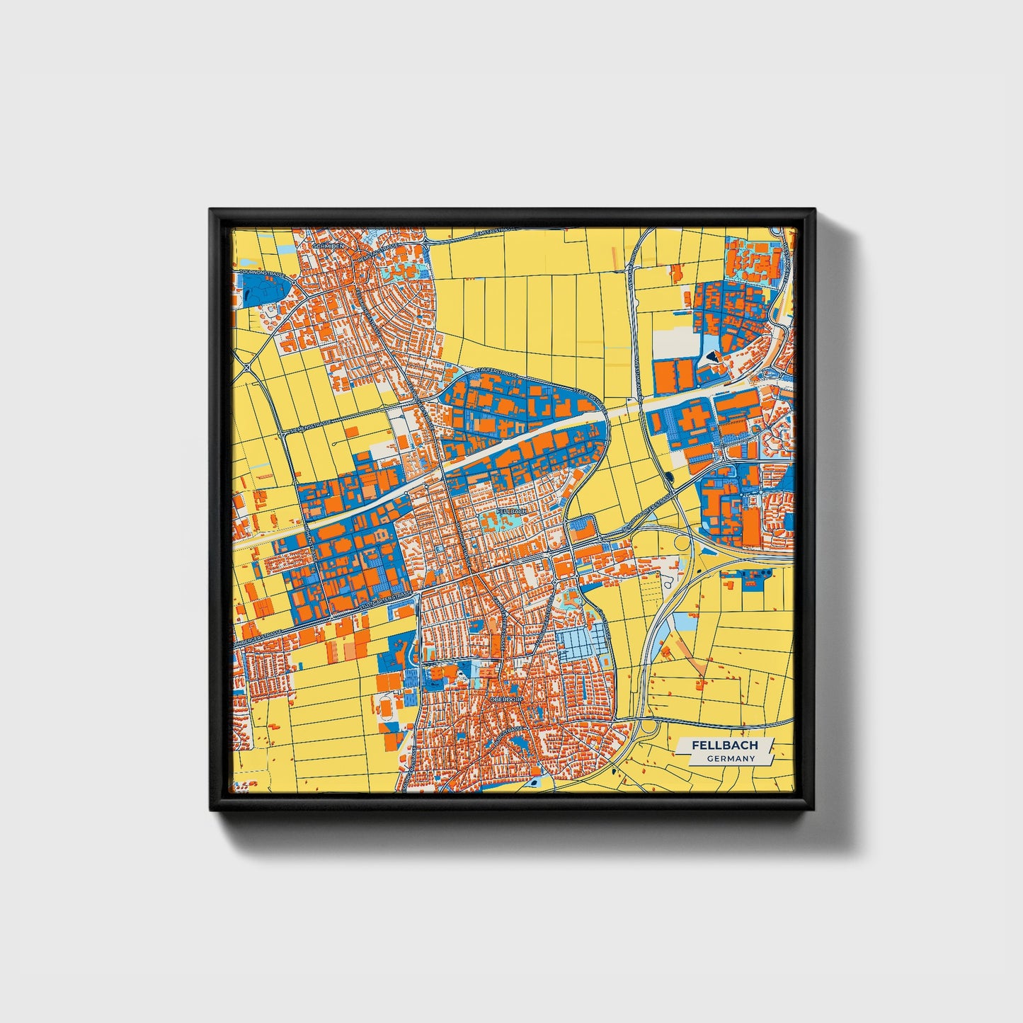 Fellbach Germany Colorful City Map Canvas Print • Black Framed