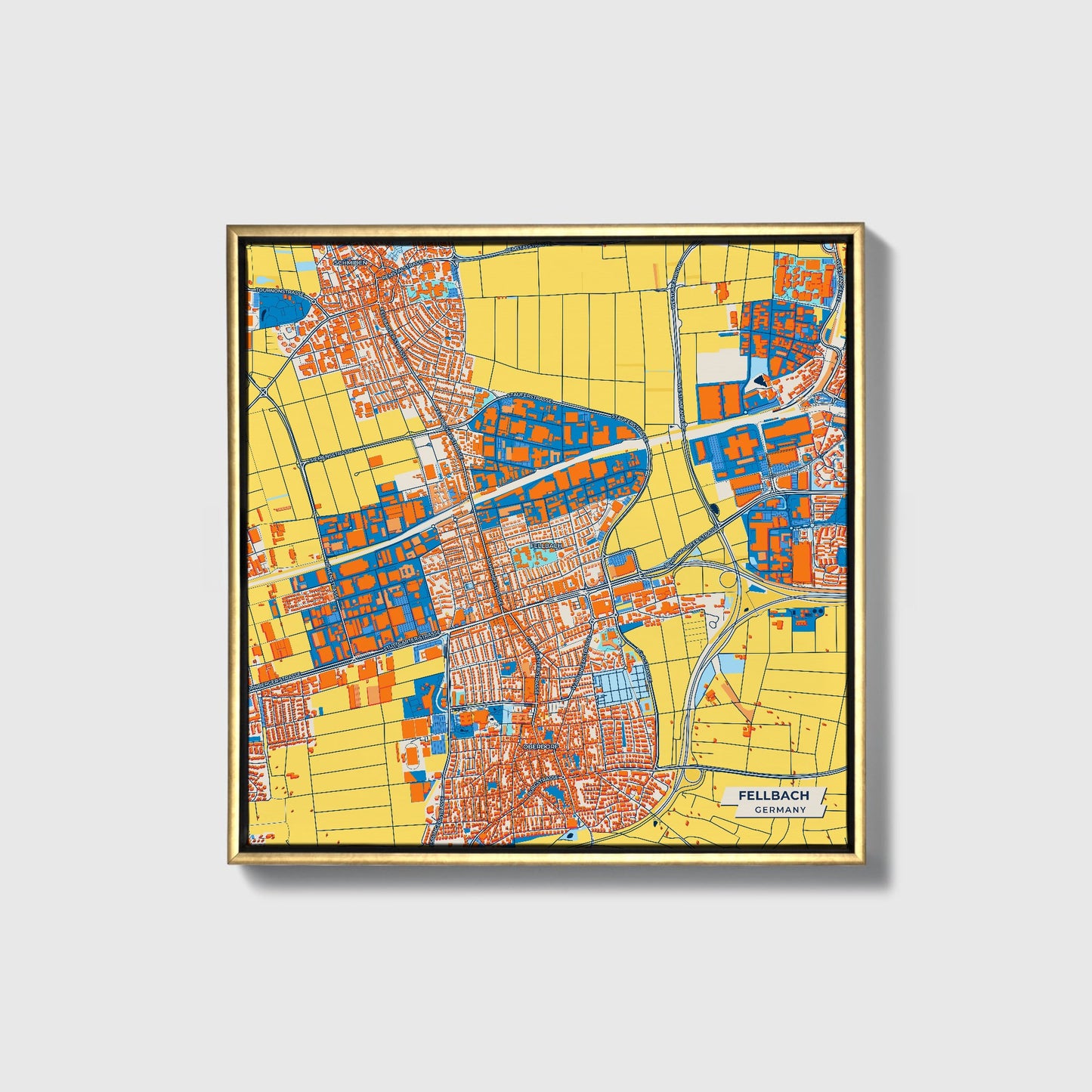 Fellbach Germany Colorful City Map Canvas Print • Gold Framed