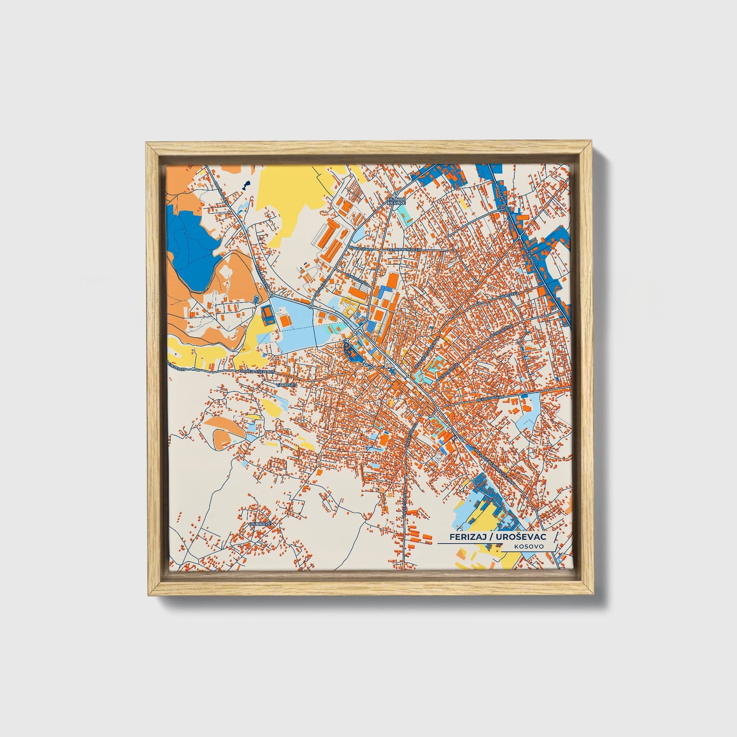 Ferizaj Kosovo Colorful City Map Canvas Print • Natural Wooden Framed