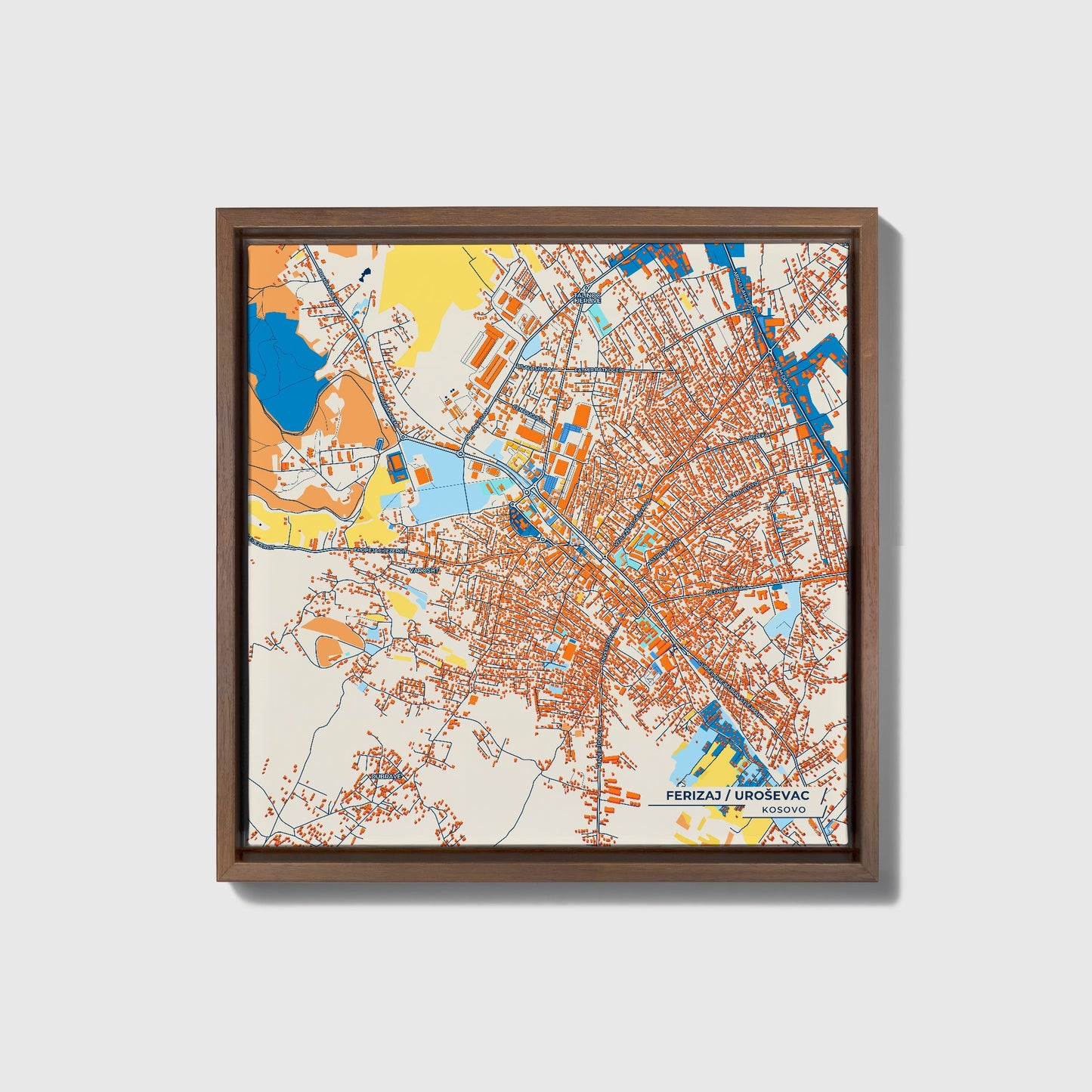 Ferizaj Kosovo Colorful City Map Canvas Print • Dark Wooden Framed
