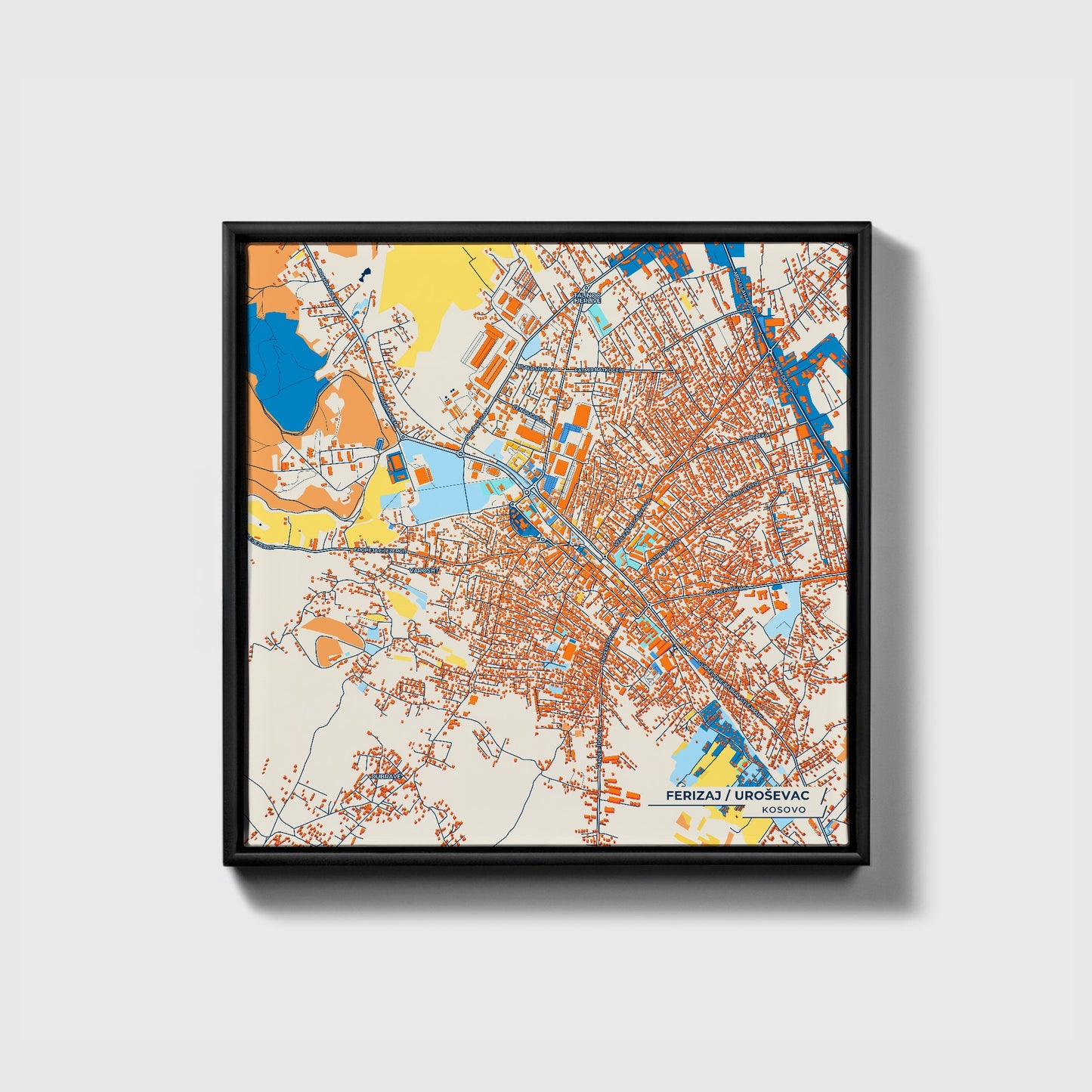 Ferizaj Kosovo Colorful City Map Canvas Print • Black Framed