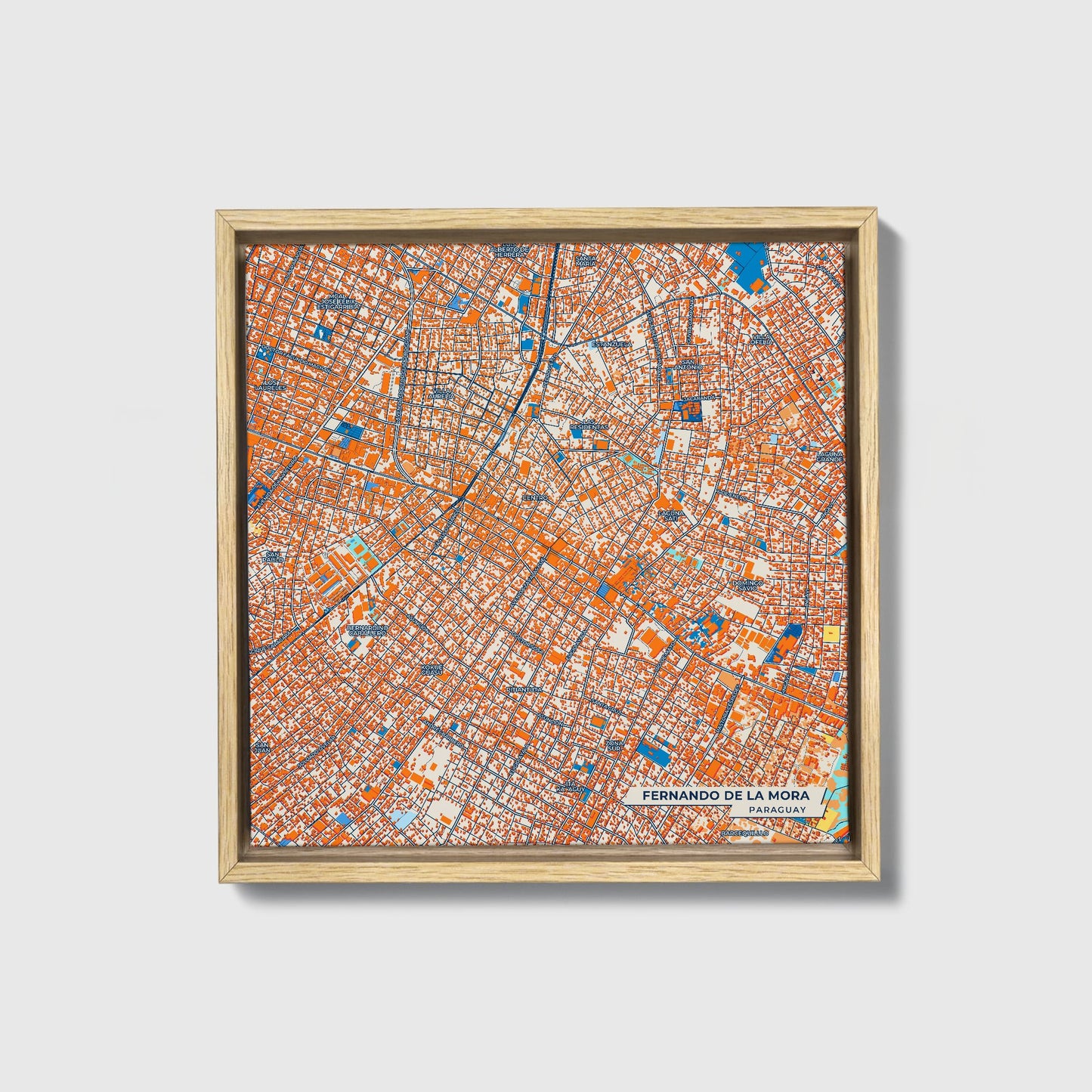 Fernando De La Mora Paraguay Colorful City Map Canvas Print • Natural Wooden Framed