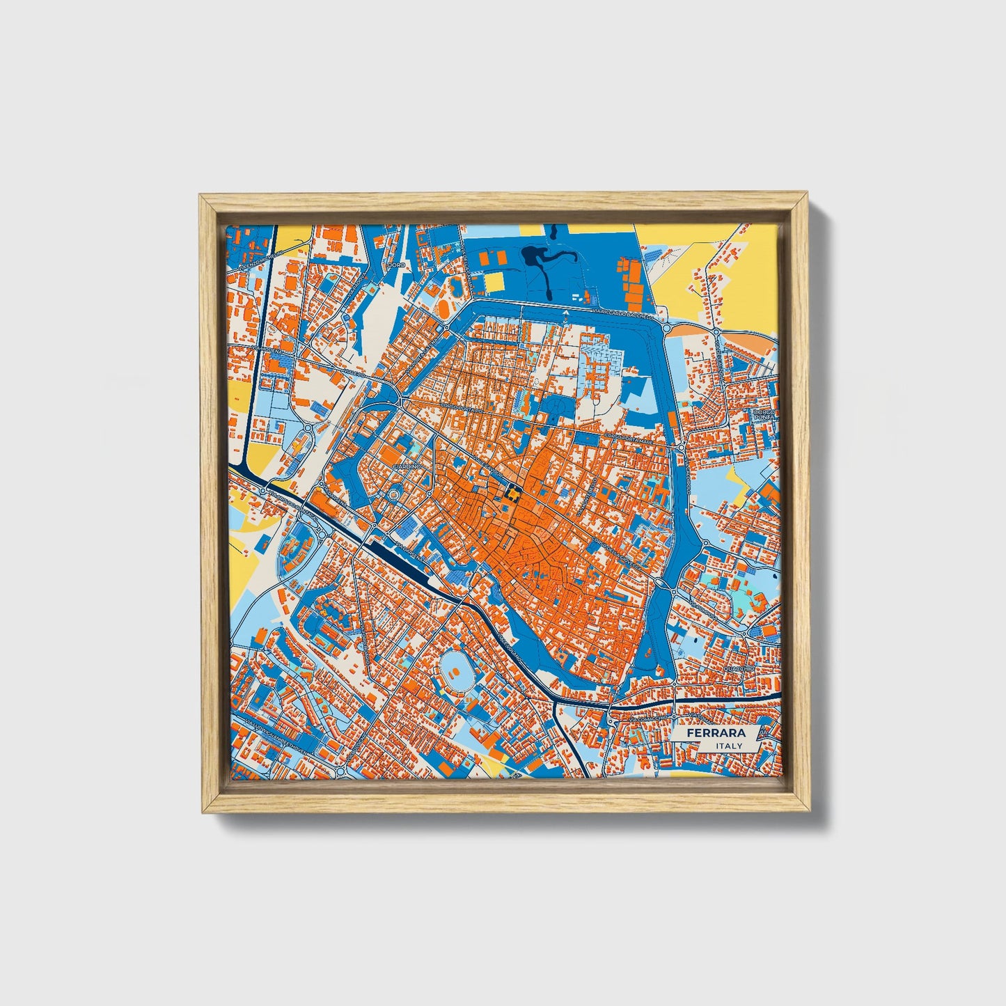 Ferrara Italy Colorful City Map Canvas Print • Natural Wooden Framed