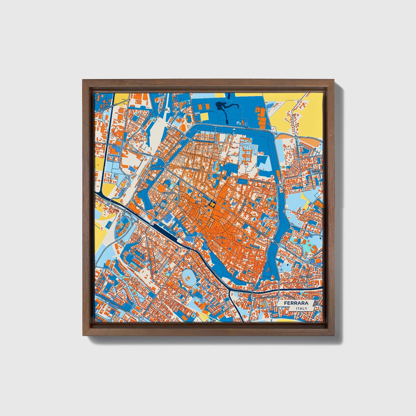 Ferrara Italy Colorful City Map Canvas Print • Dark Wooden Framed