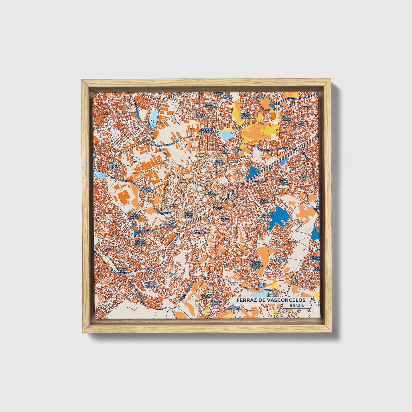 Ferraz De Vasconcelos Brazil Colorful City Map Canvas Print • Natural Wooden Framed
