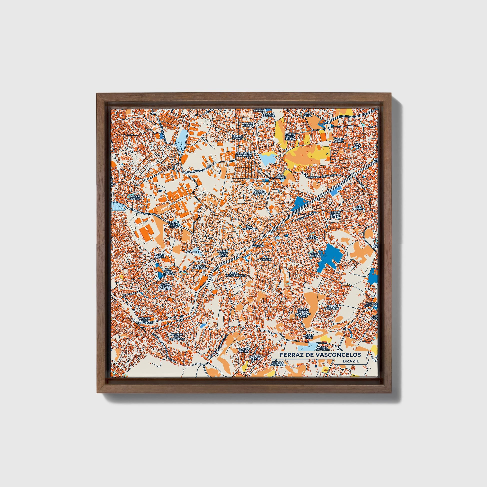 Ferraz De Vasconcelos Brazil Colorful City Map Canvas Print • Dark Wooden Framed