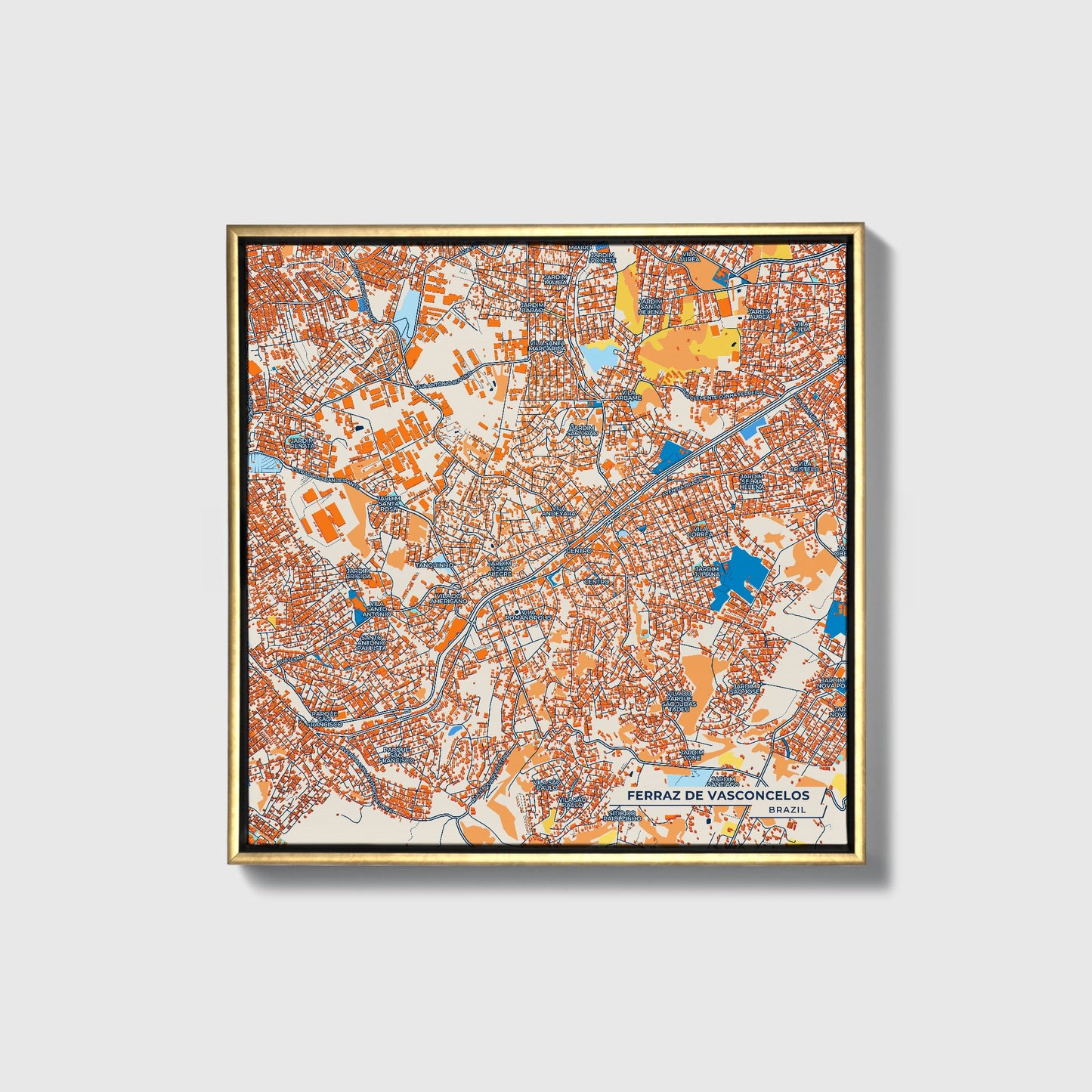 Ferraz De Vasconcelos Brazil Colorful City Map Canvas Print • Gold Framed