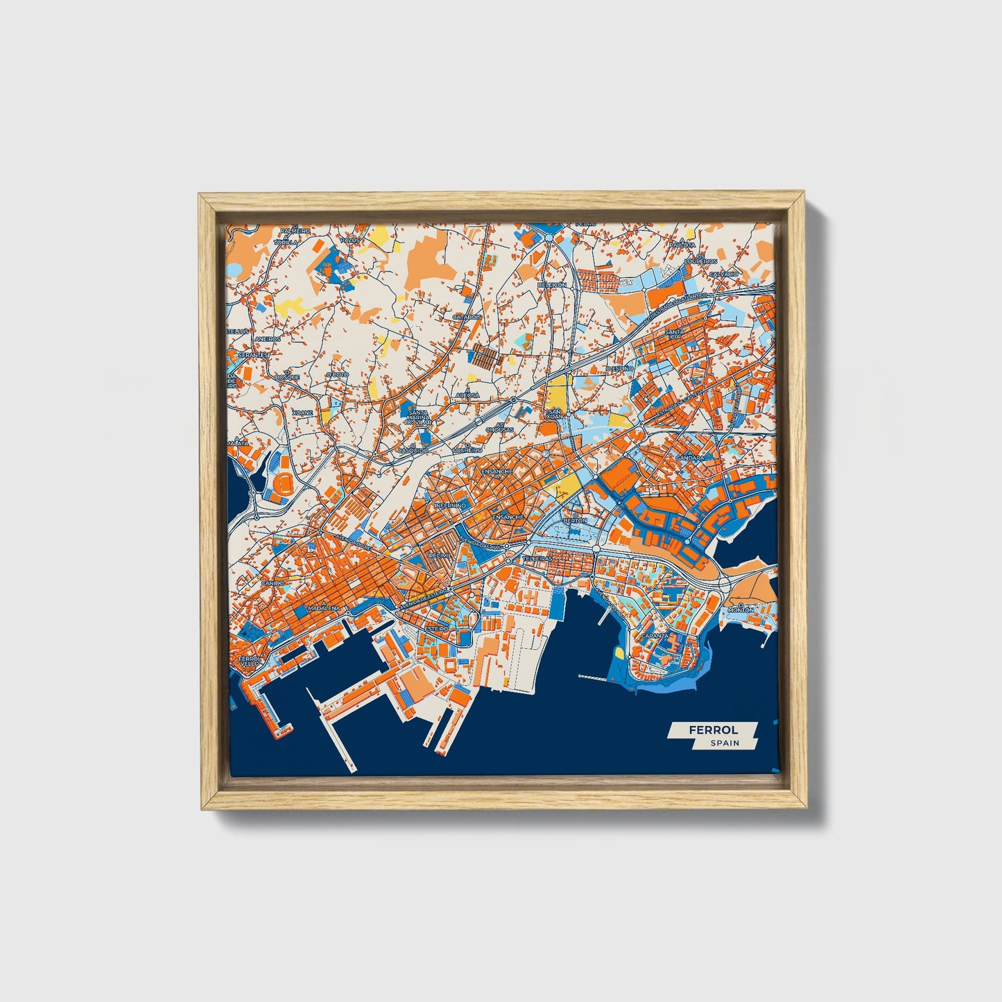 Ferrol Spain Colorful City Map Canvas Print • Natural Wooden Framed