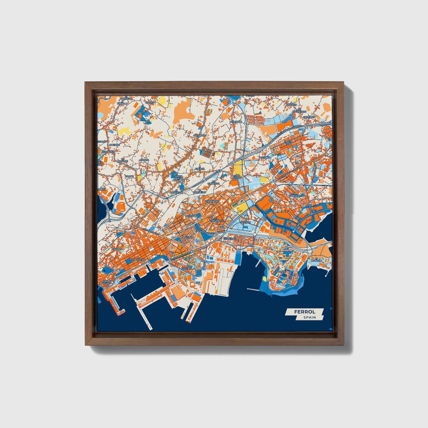 Ferrol Spain Colorful City Map Canvas Print • Dark Wooden Framed