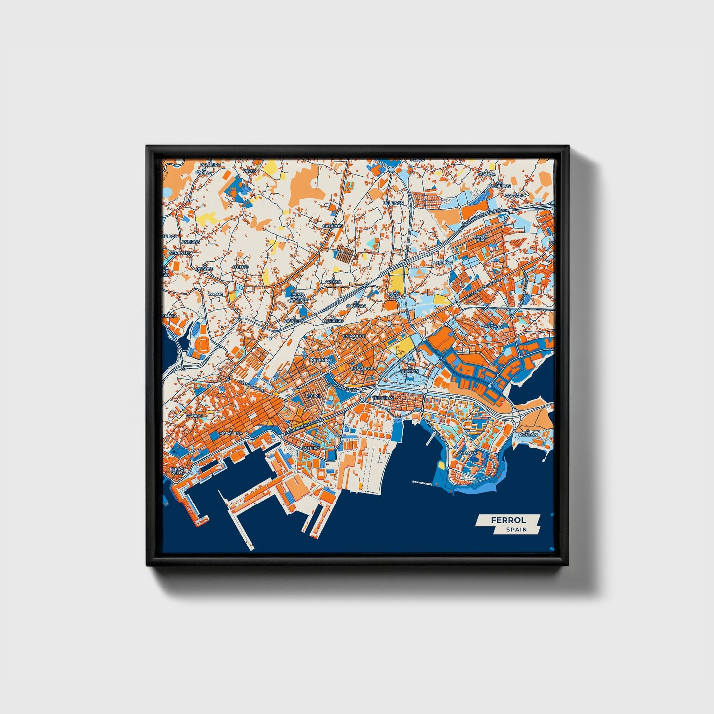 Ferrol Spain Colorful City Map Canvas Print • Black Framed