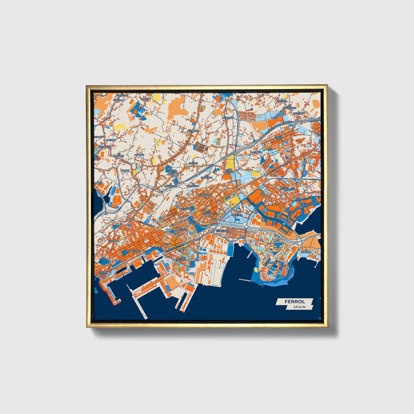Ferrol Spain Colorful City Map Canvas Print • Gold Framed