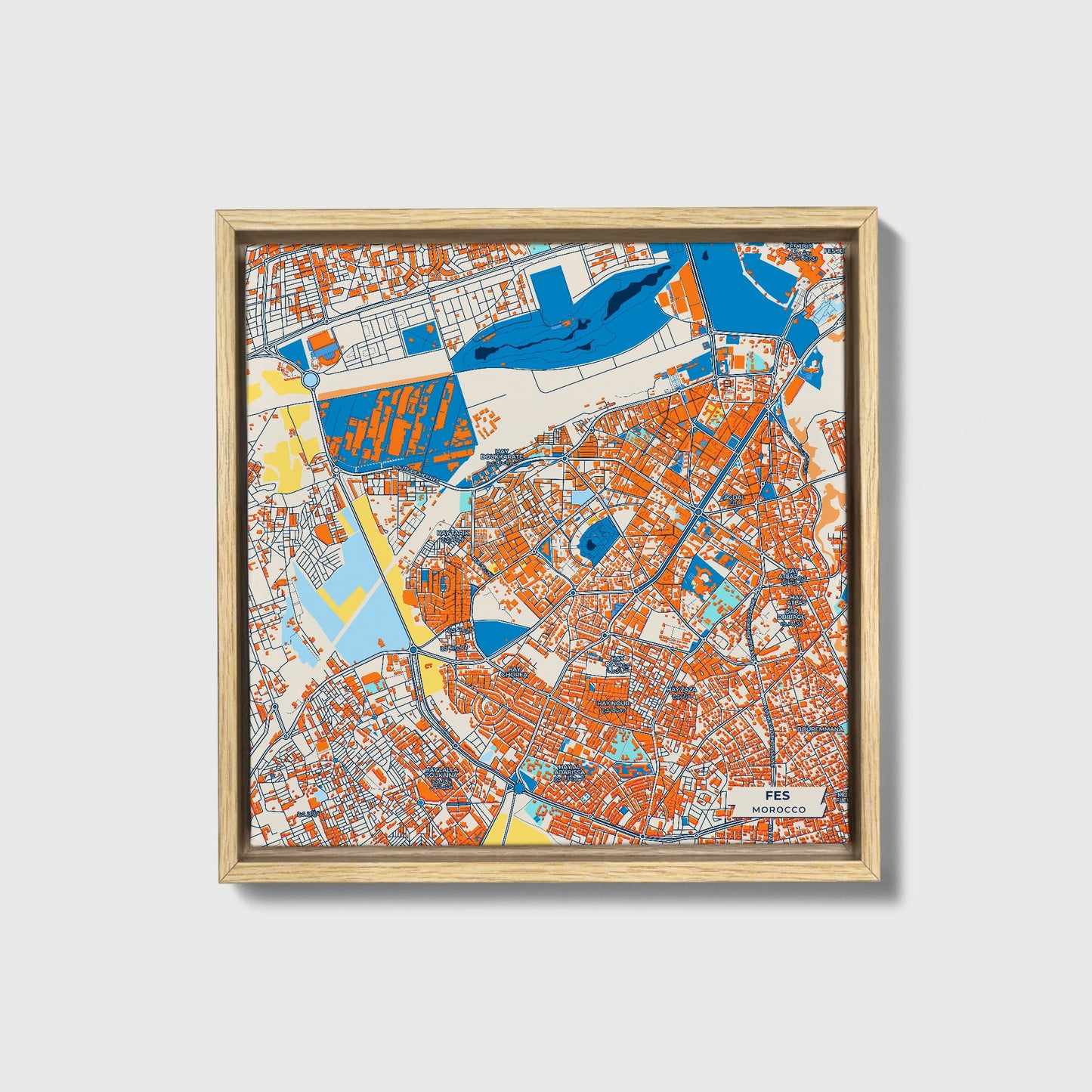 Fes Morocco Colorful City Map Canvas Print • Natural Wooden Framed