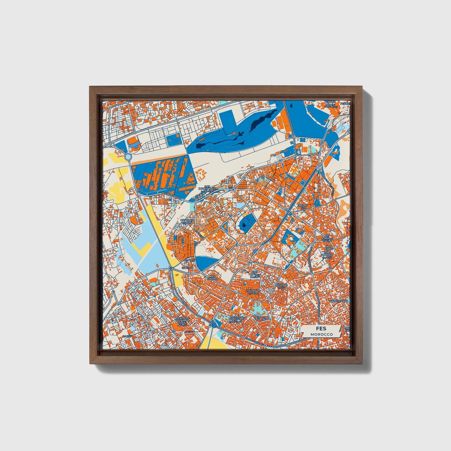Fes Morocco Colorful City Map Canvas Print • Dark Wooden Framed