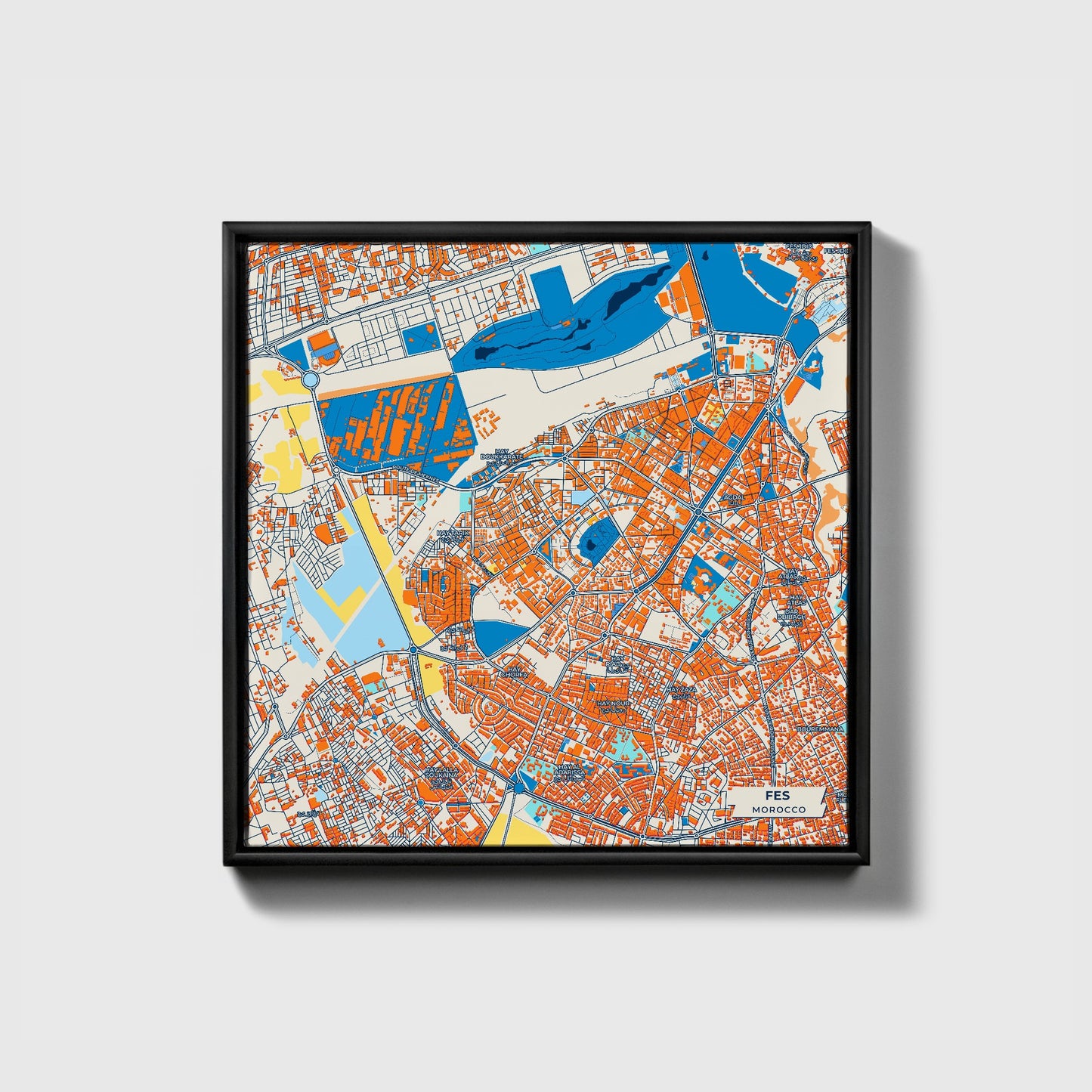 Fes Morocco Colorful City Map Canvas Print • Black Framed