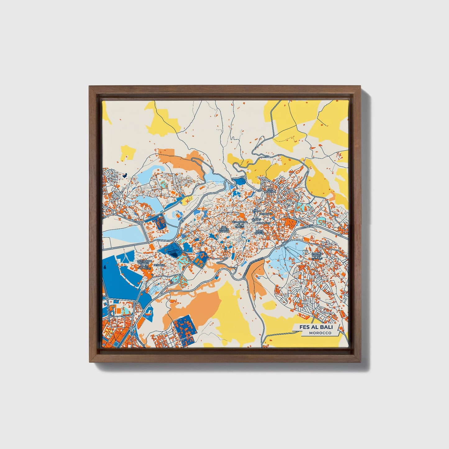 Fes Al Bali Morocco Colorful City Map Canvas Print • Dark Wooden Framed