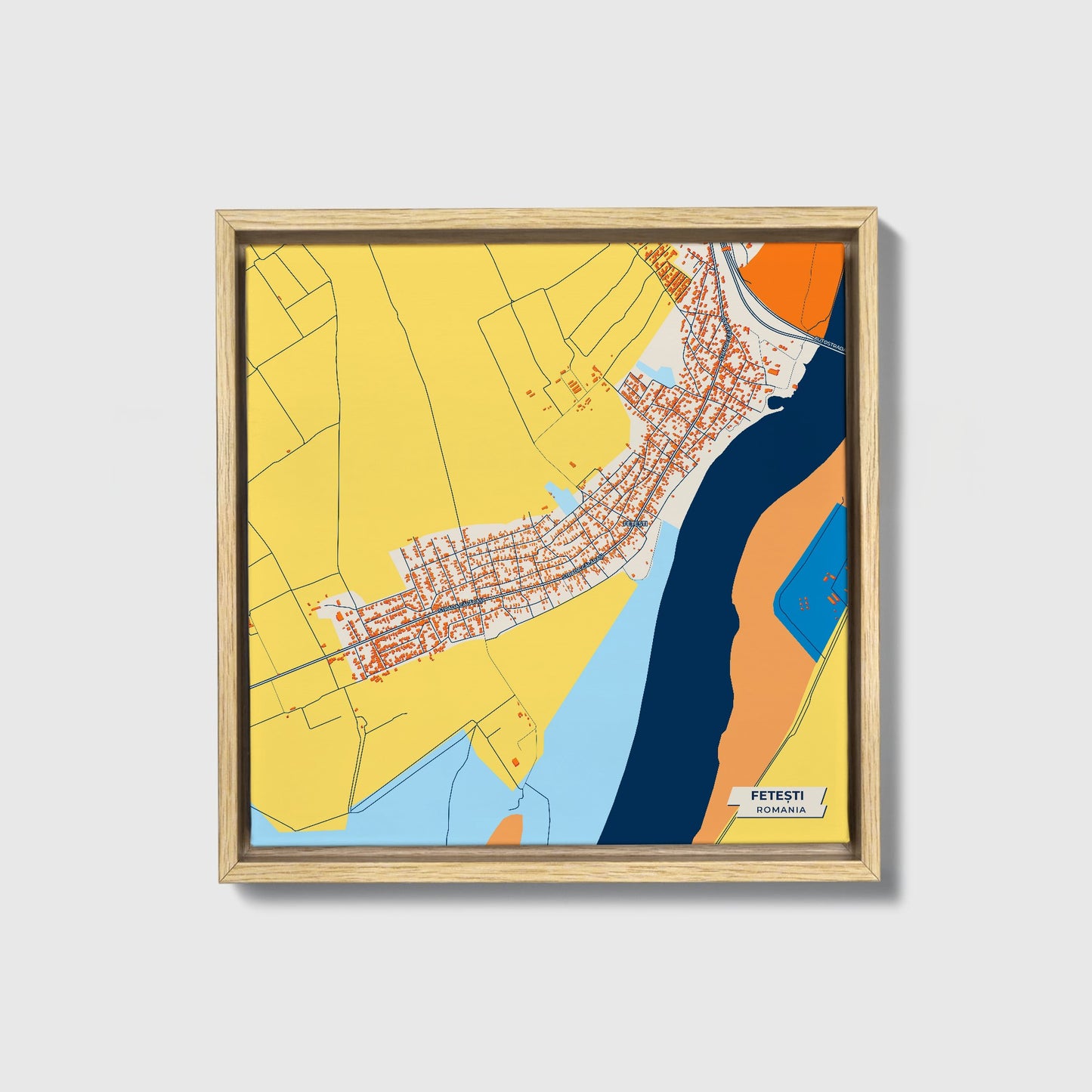 Fetești Romania Colorful City Map Canvas Print • Natural Wooden Framed