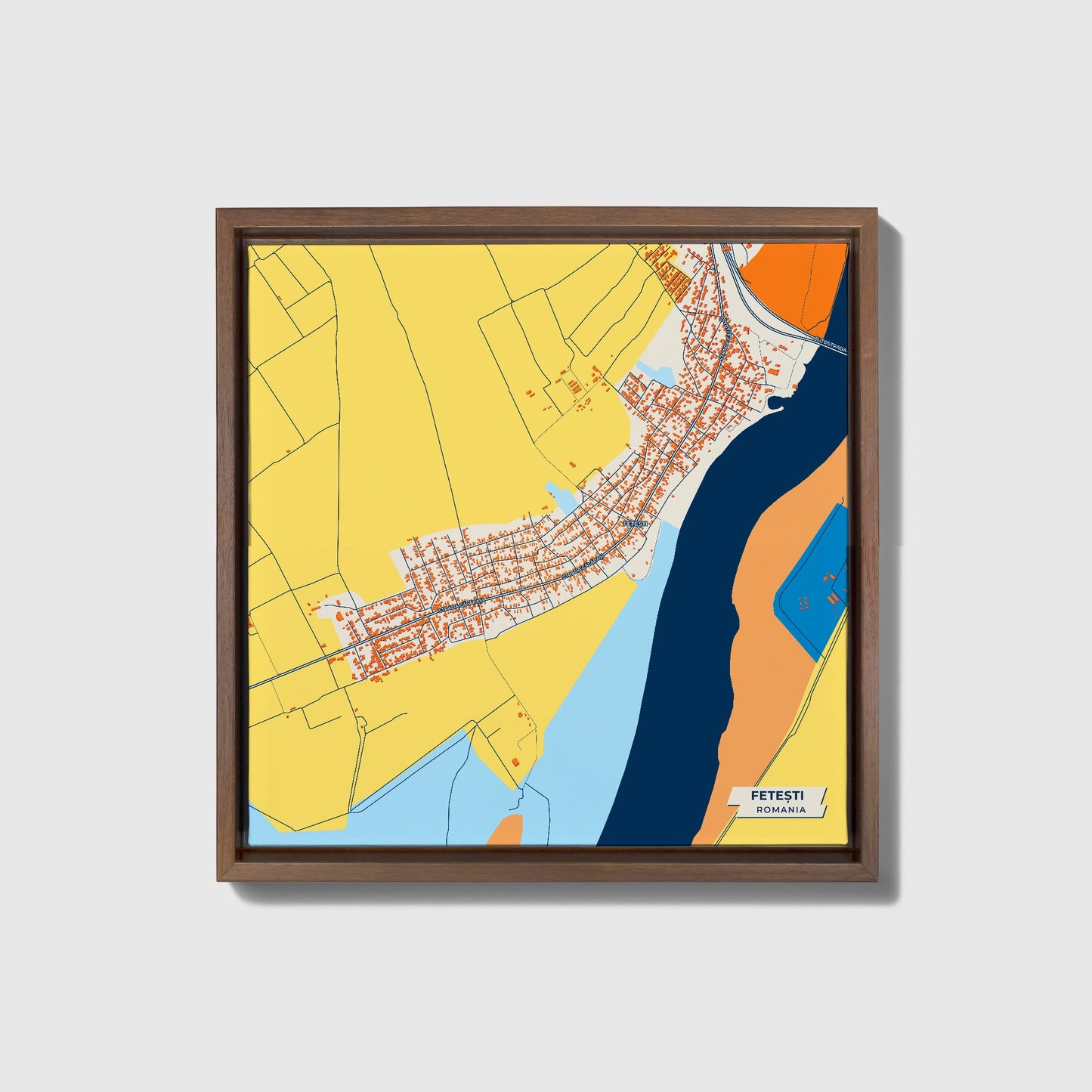 Fetești Romania Colorful City Map Canvas Print • Dark Wooden Framed