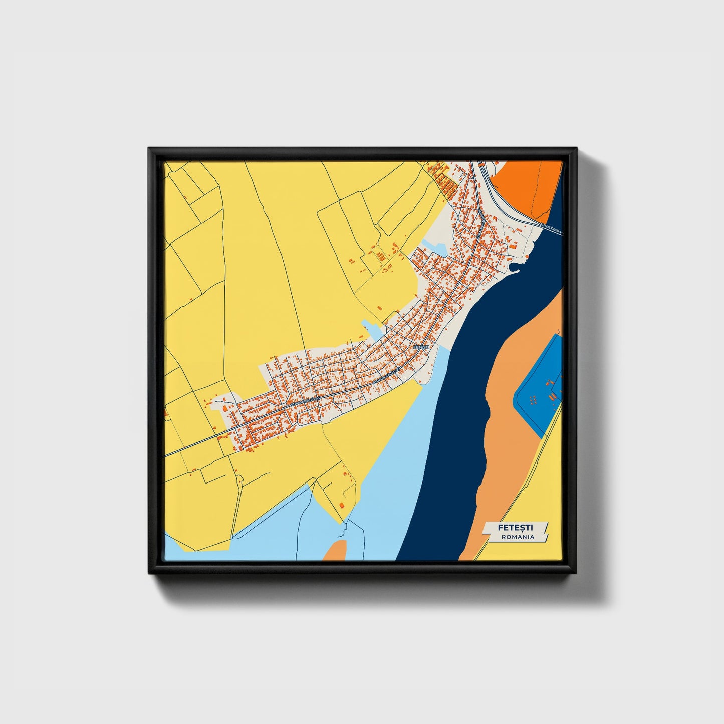 Fetești Romania Colorful City Map Canvas Print • Black Framed