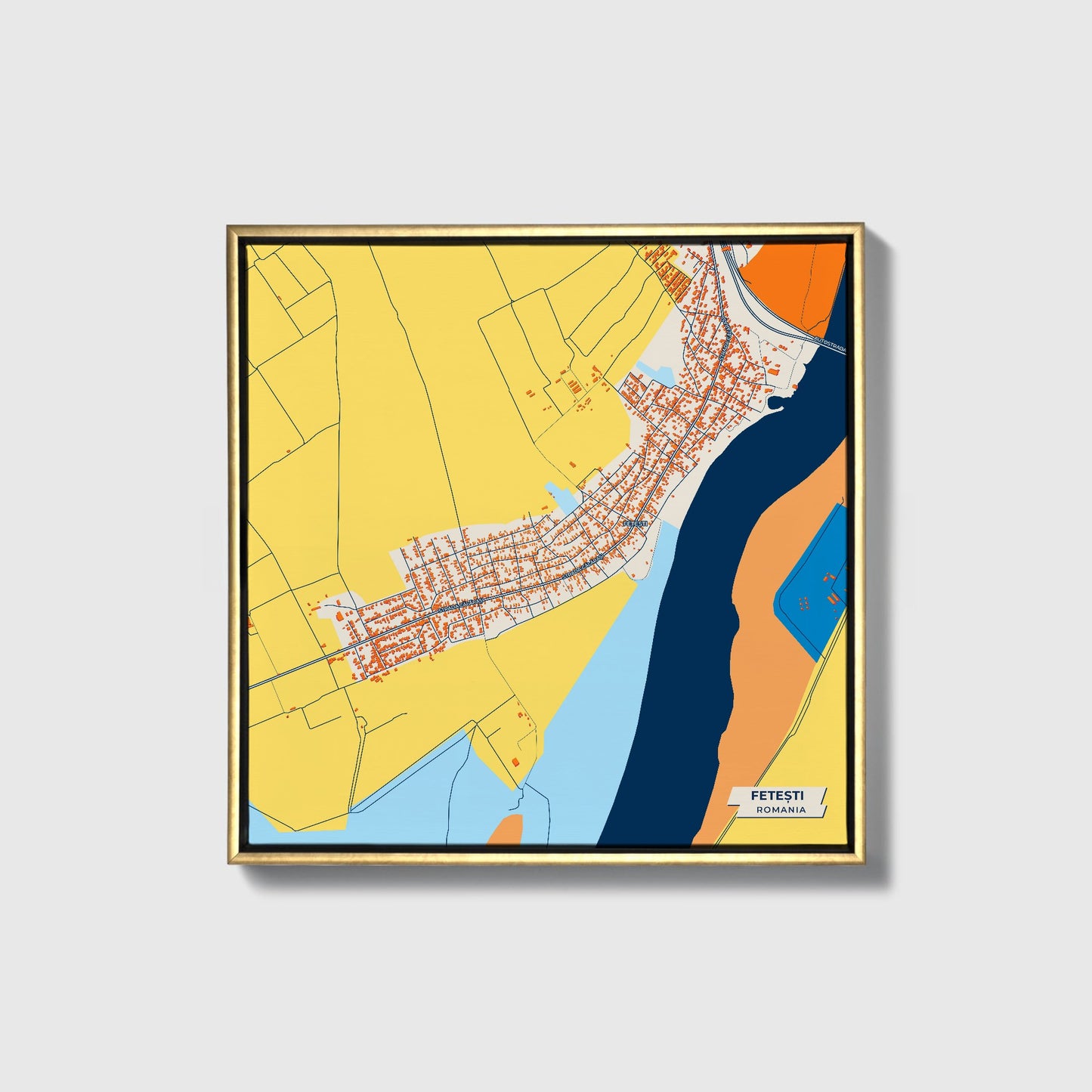 Fetești Romania Colorful City Map Canvas Print • Gold Framed