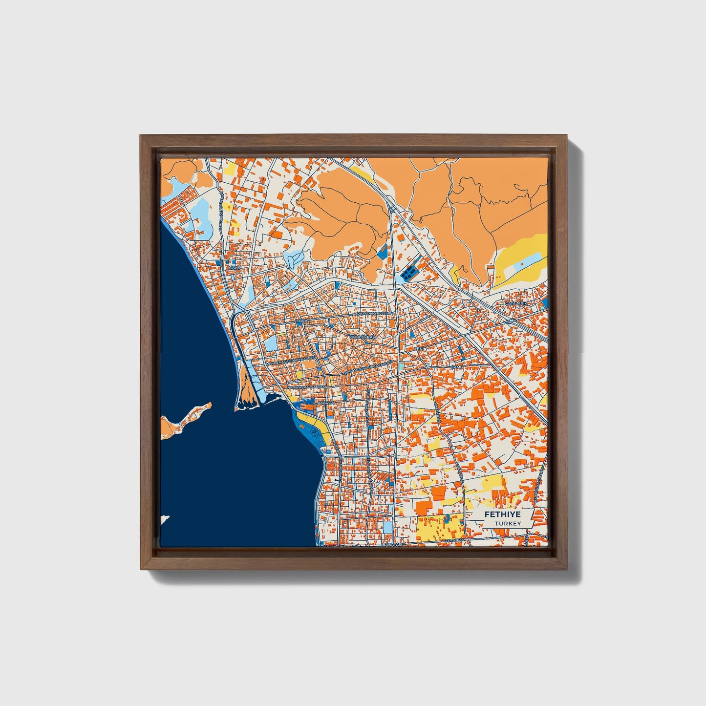 Fethi̇ye Turkey Colorful City Map Canvas Print • Dark Wooden Framed