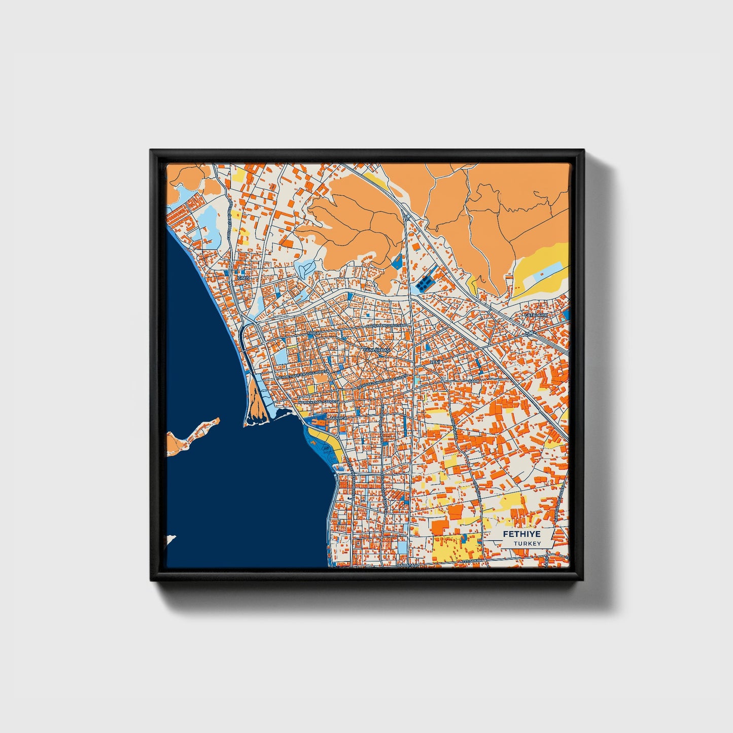 Fethi̇ye Turkey Colorful City Map Canvas Print • Black Framed