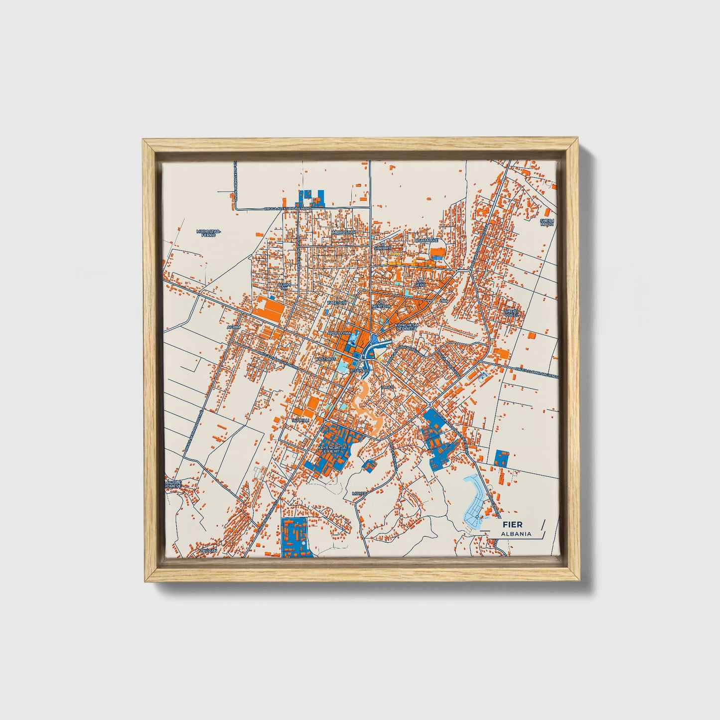 Fier Albania Colorful City Map Canvas Print • Natural Wooden Framed