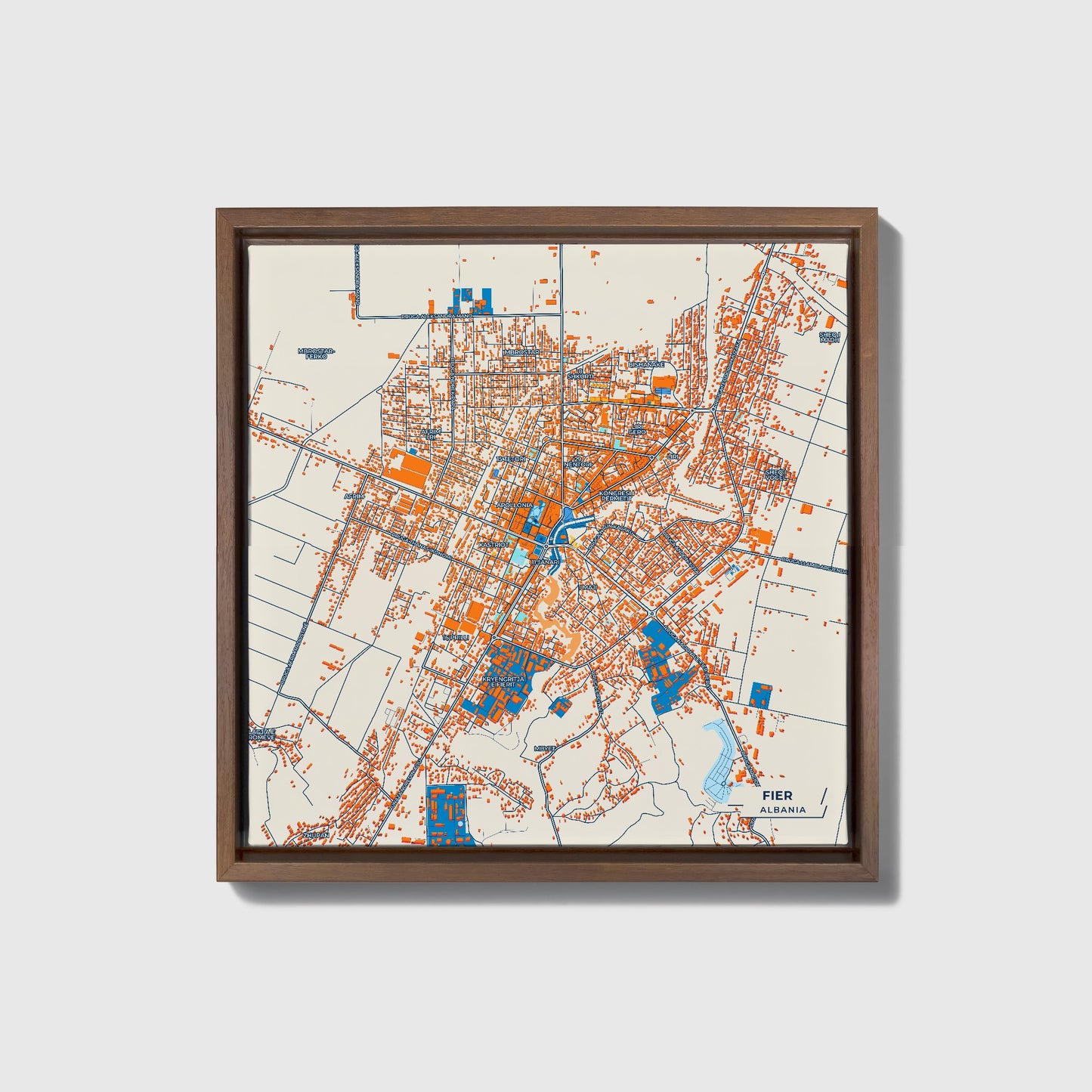 Fier Albania Colorful City Map Canvas Print • Dark Wooden Framed