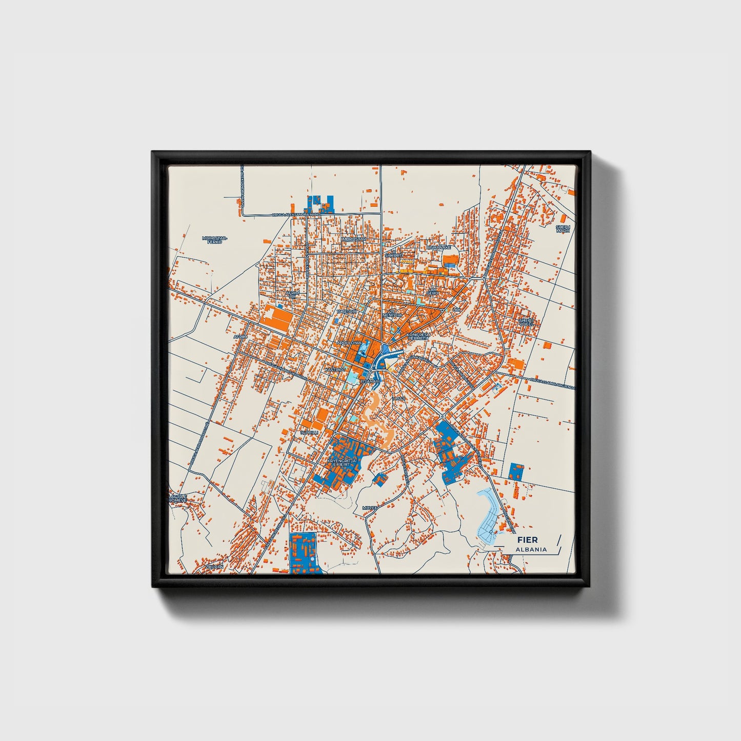 Fier Albania Colorful City Map Canvas Print • Black Framed