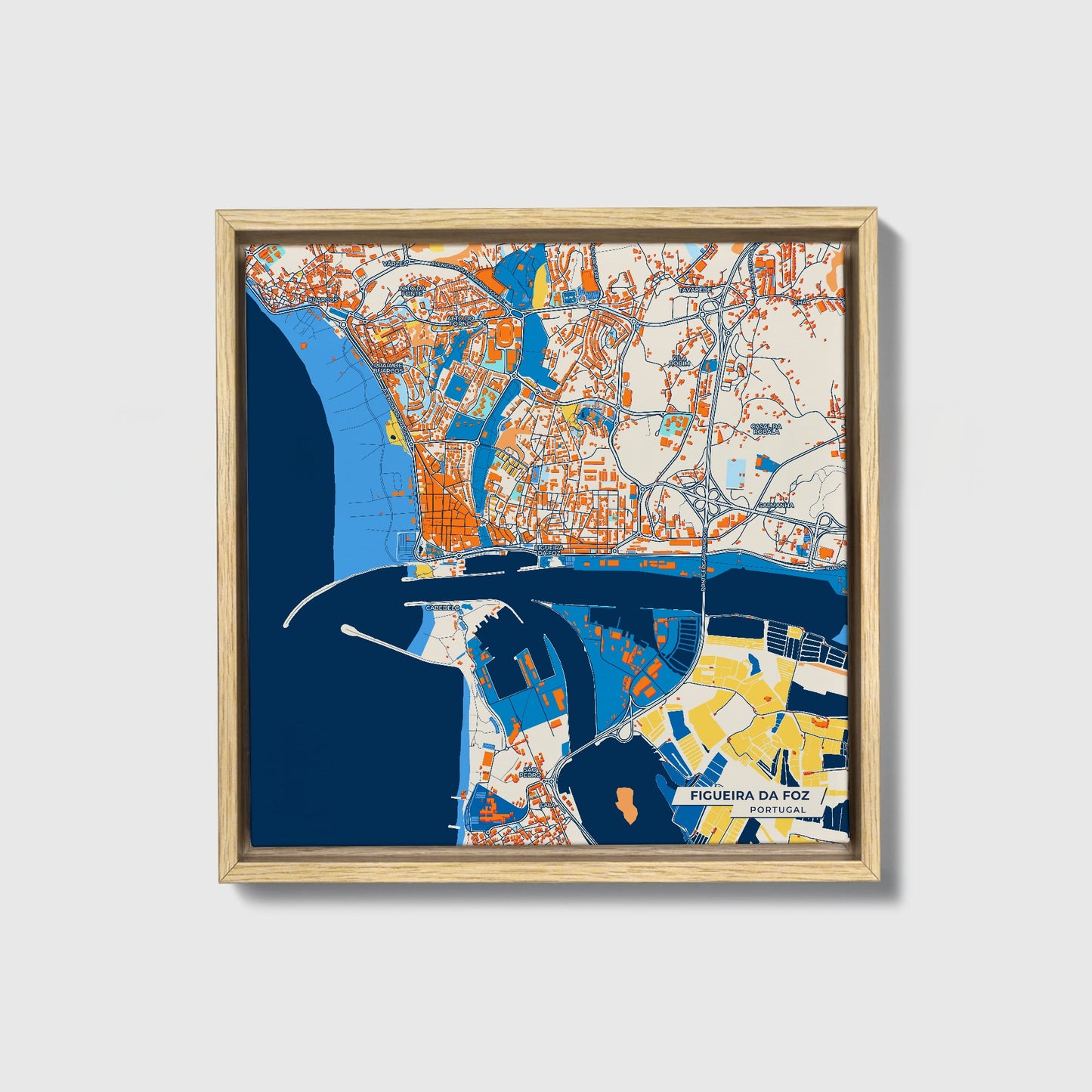 Figueira Da Foz Portugal Colorful City Map Canvas Print • Natural Wooden Framed