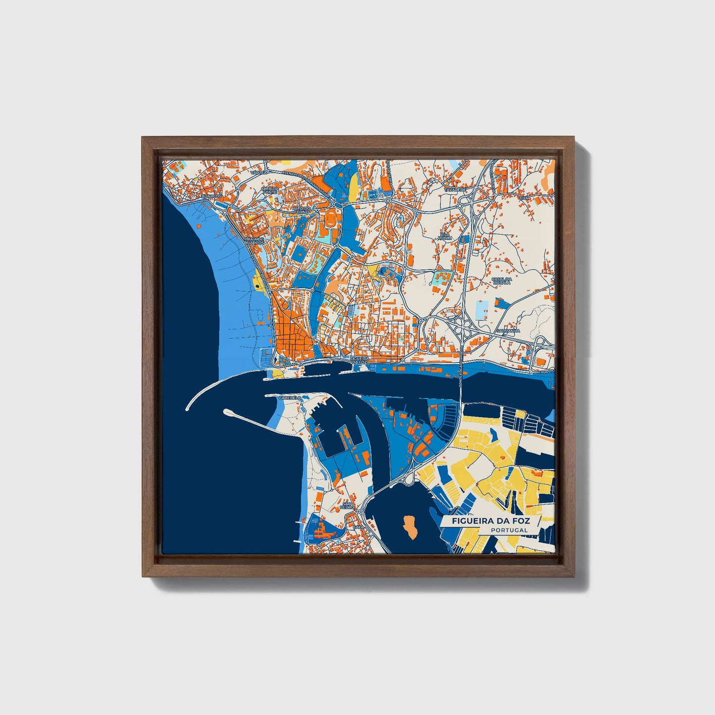 Figueira Da Foz Portugal Colorful City Map Canvas Print • Dark Wooden Framed