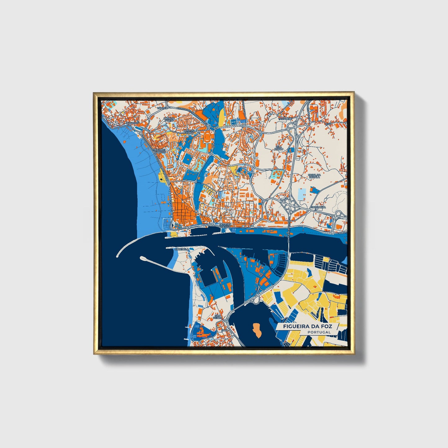 Figueira Da Foz Portugal Colorful City Map Canvas Print • Gold Framed