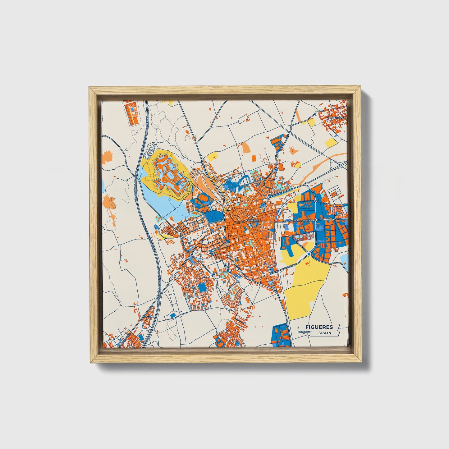 Figueres Spain Colorful City Map Canvas Print • Natural Wooden Framed