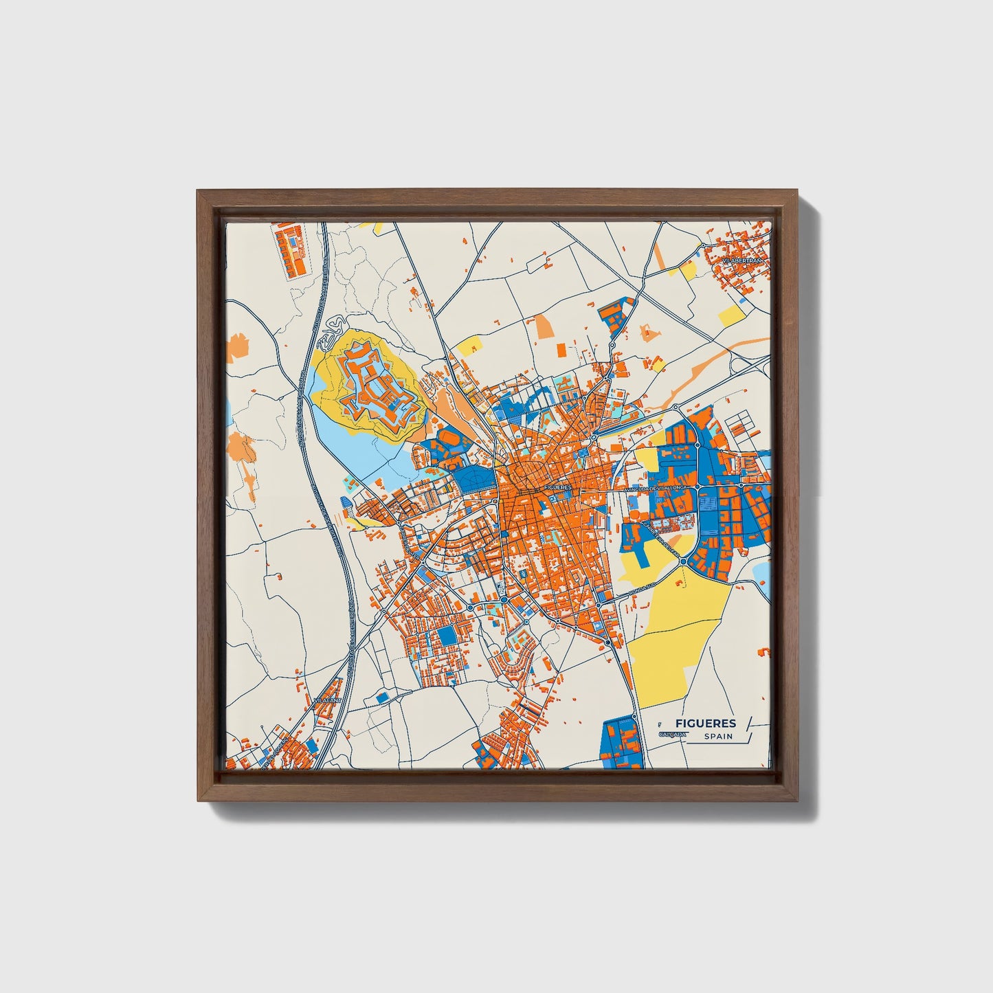 Figueres Spain Colorful City Map Canvas Print • Dark Wooden Framed