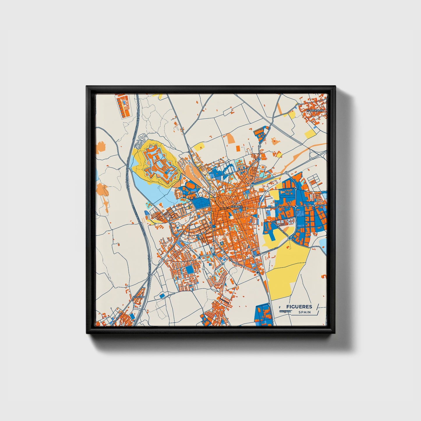 Figueres Spain Colorful City Map Canvas Print • Black Framed