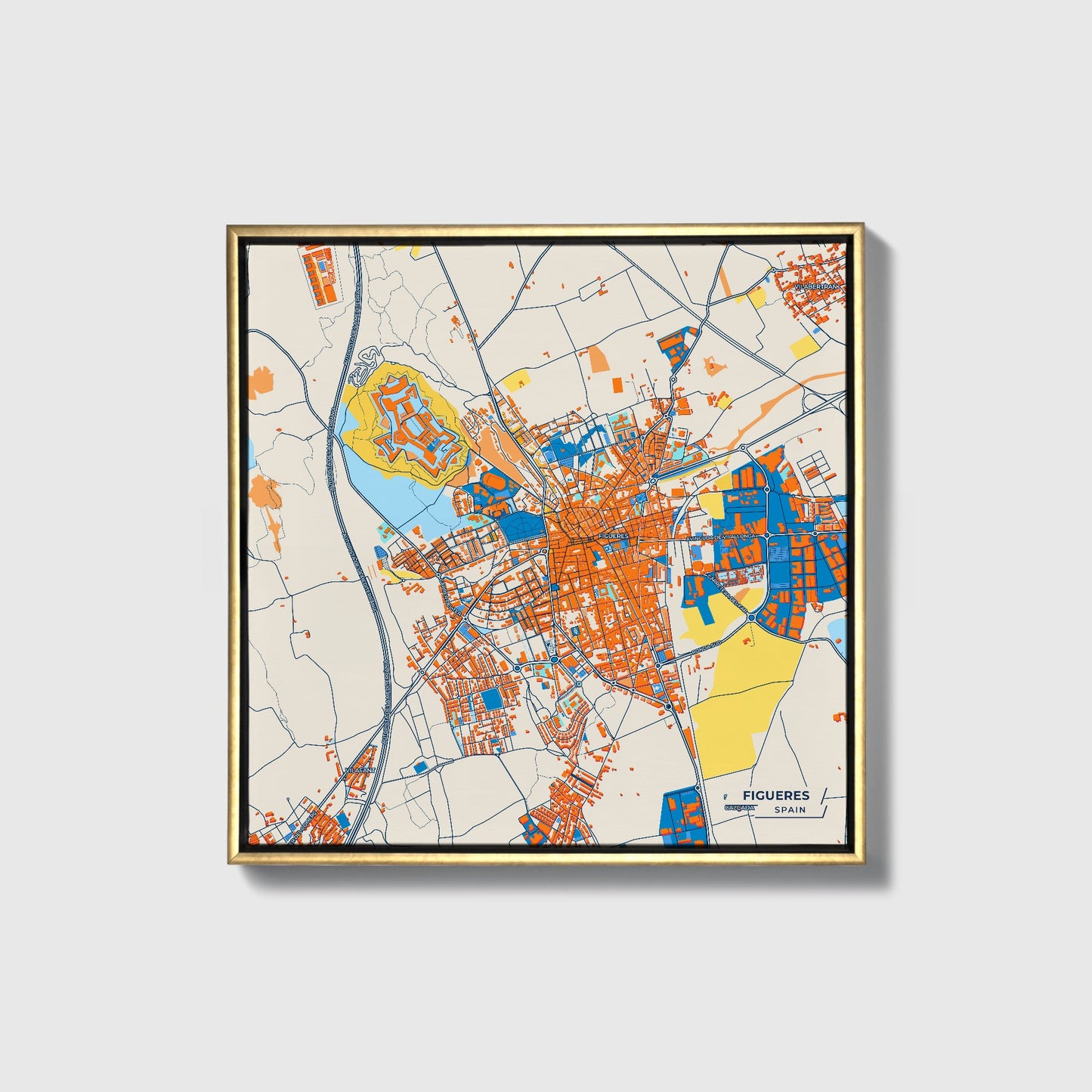 Figueres Spain Colorful City Map Canvas Print • Gold Framed