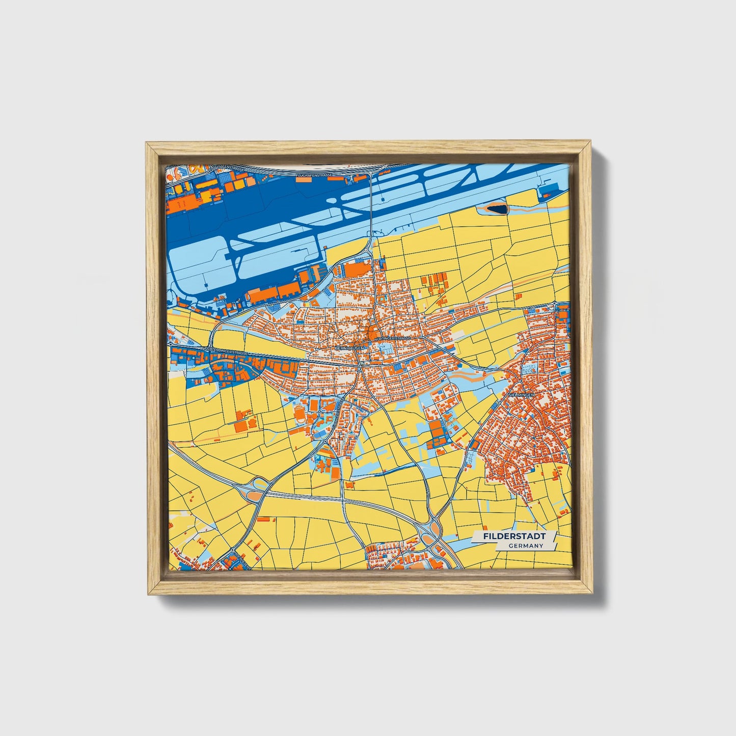 Filderstadt Germany Colorful City Map Canvas Print • Natural Wooden Framed