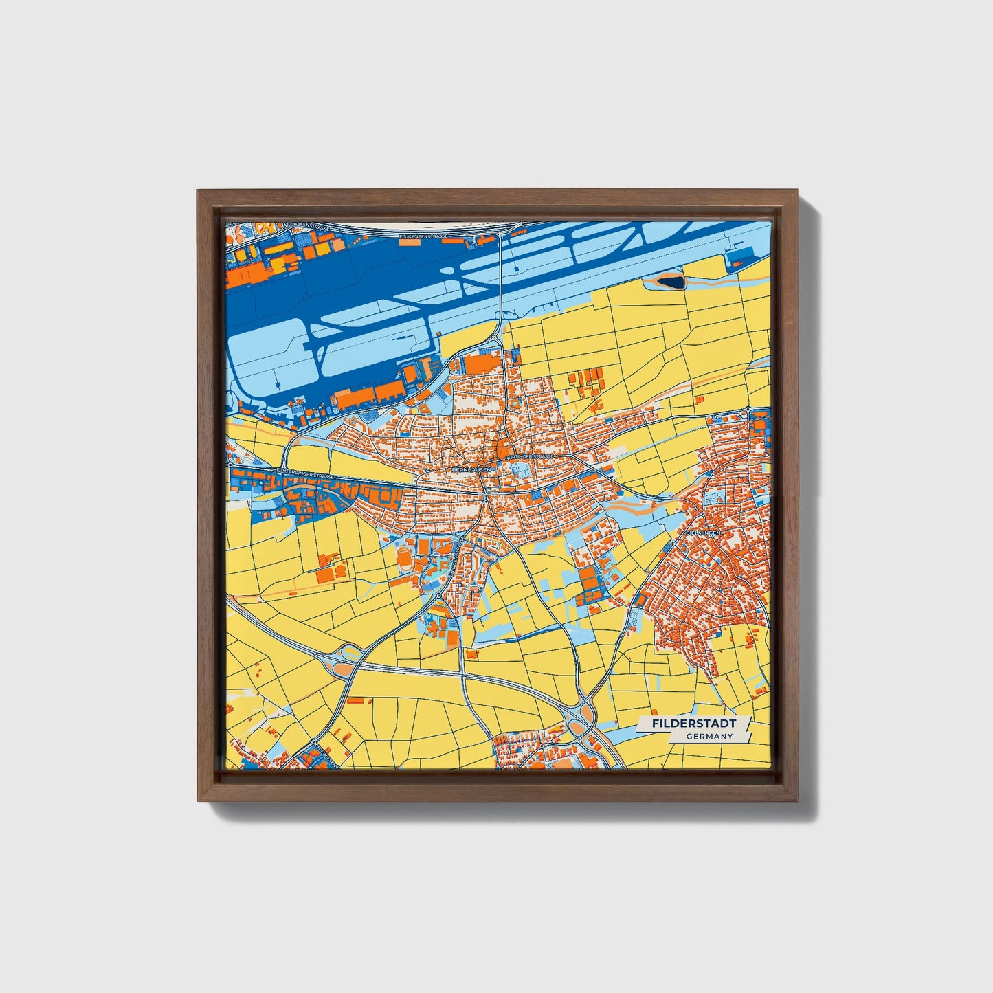 Filderstadt Germany Colorful City Map Canvas Print • Dark Wooden Framed