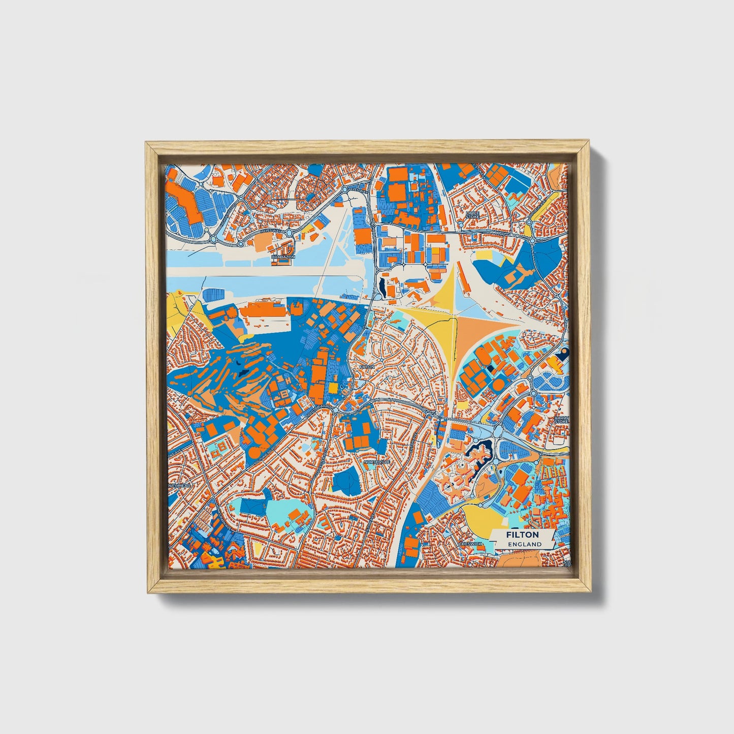 Filton England Colorful City Map Canvas Print • Natural Wooden Framed
