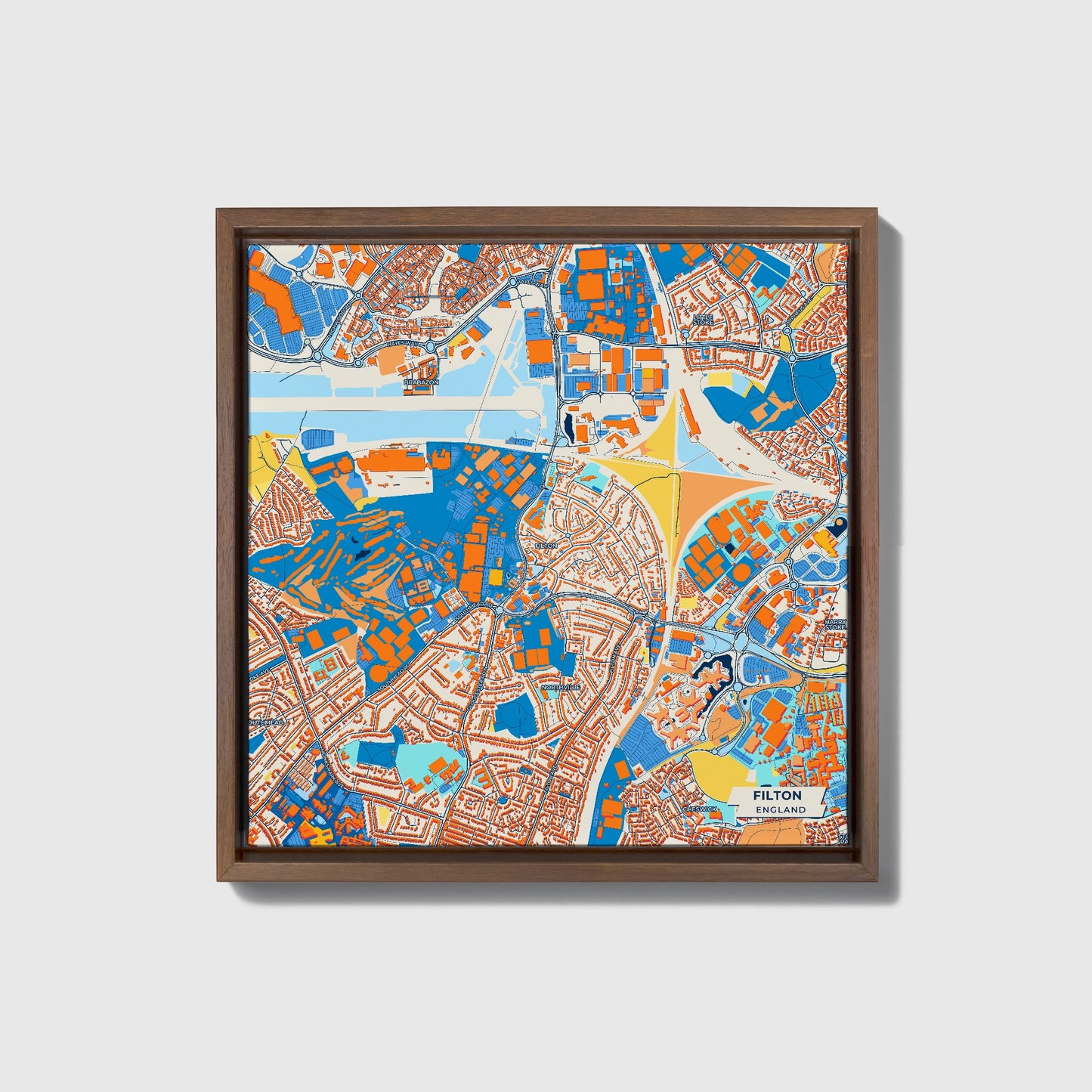 Filton England Colorful City Map Canvas Print • Dark Wooden Framed