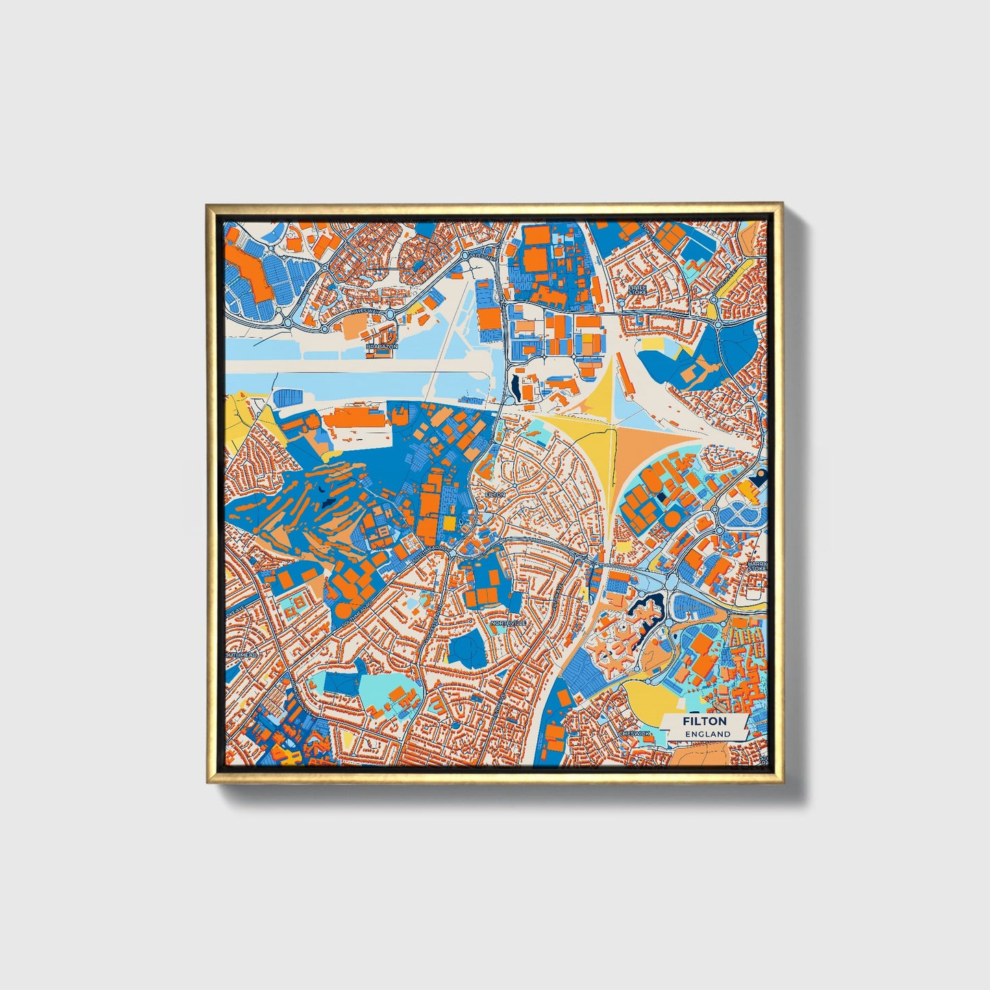 Filton England Colorful City Map Canvas Print • Gold Framed