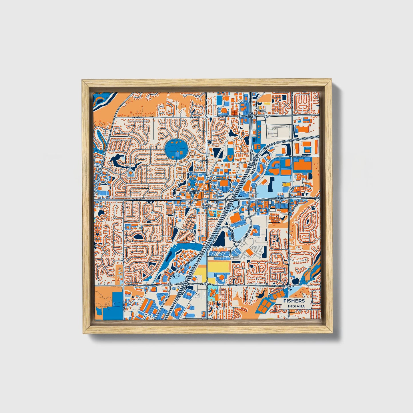 Fishers Indiana Colorful City Map Canvas Print • Natural Wooden Framed